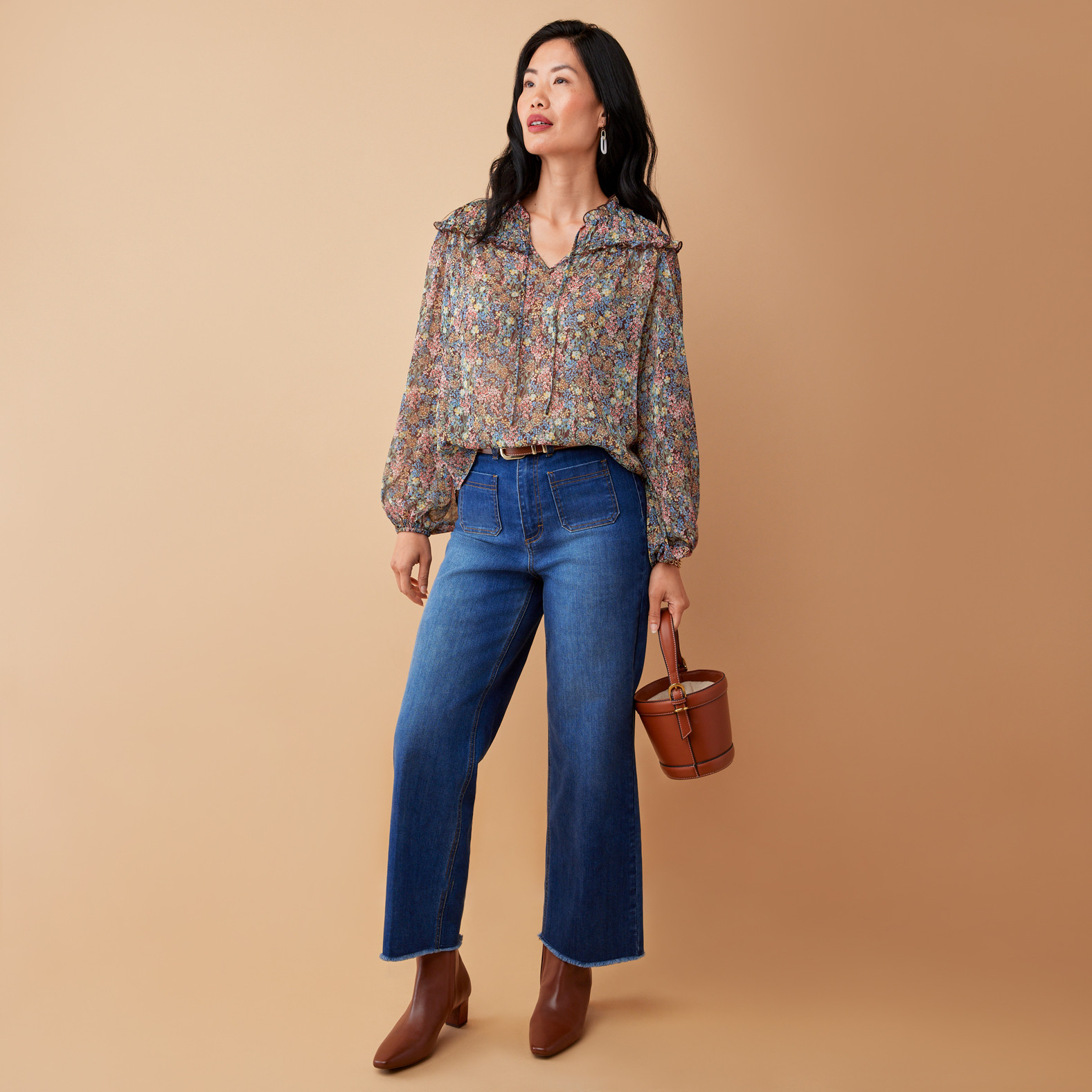 Shimmery Ruffle Yoke Shirt Full Body