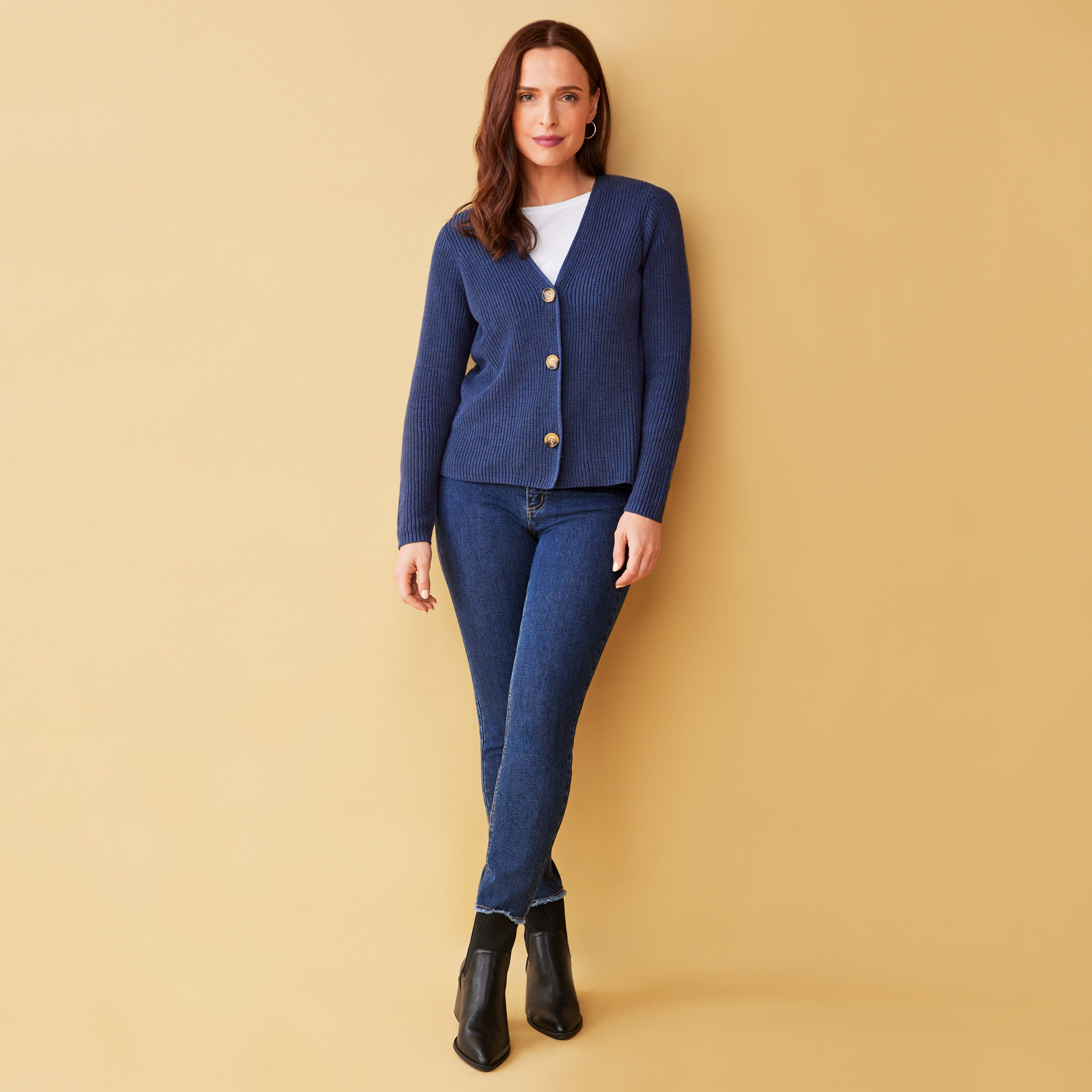 Women's Short Shaker Stitch Cardigan-Indigo Blue Full Body
