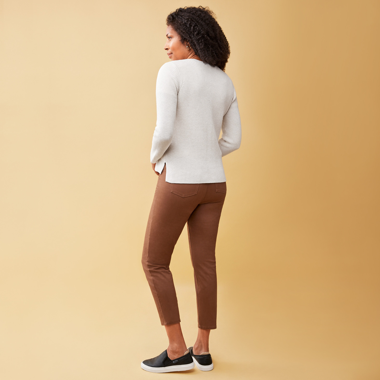 Women's Short Shaker Stitch Cardigan-Oatmeal Tan Back View