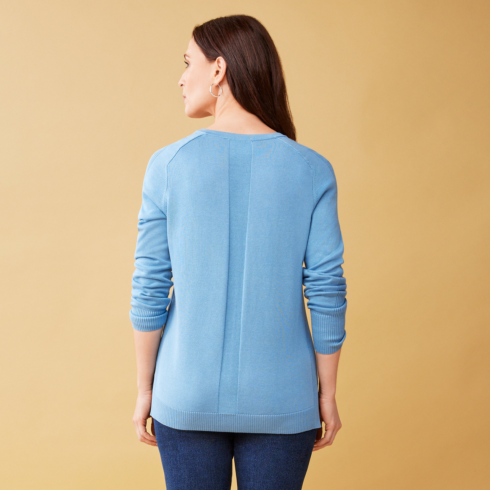 Women's Side Slit Crewneck Sweater-Blue Wash Back View