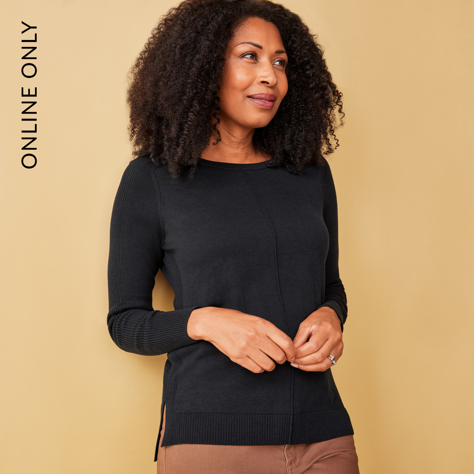 Women's Side Slit Crewneck Sweater-Black Half Body