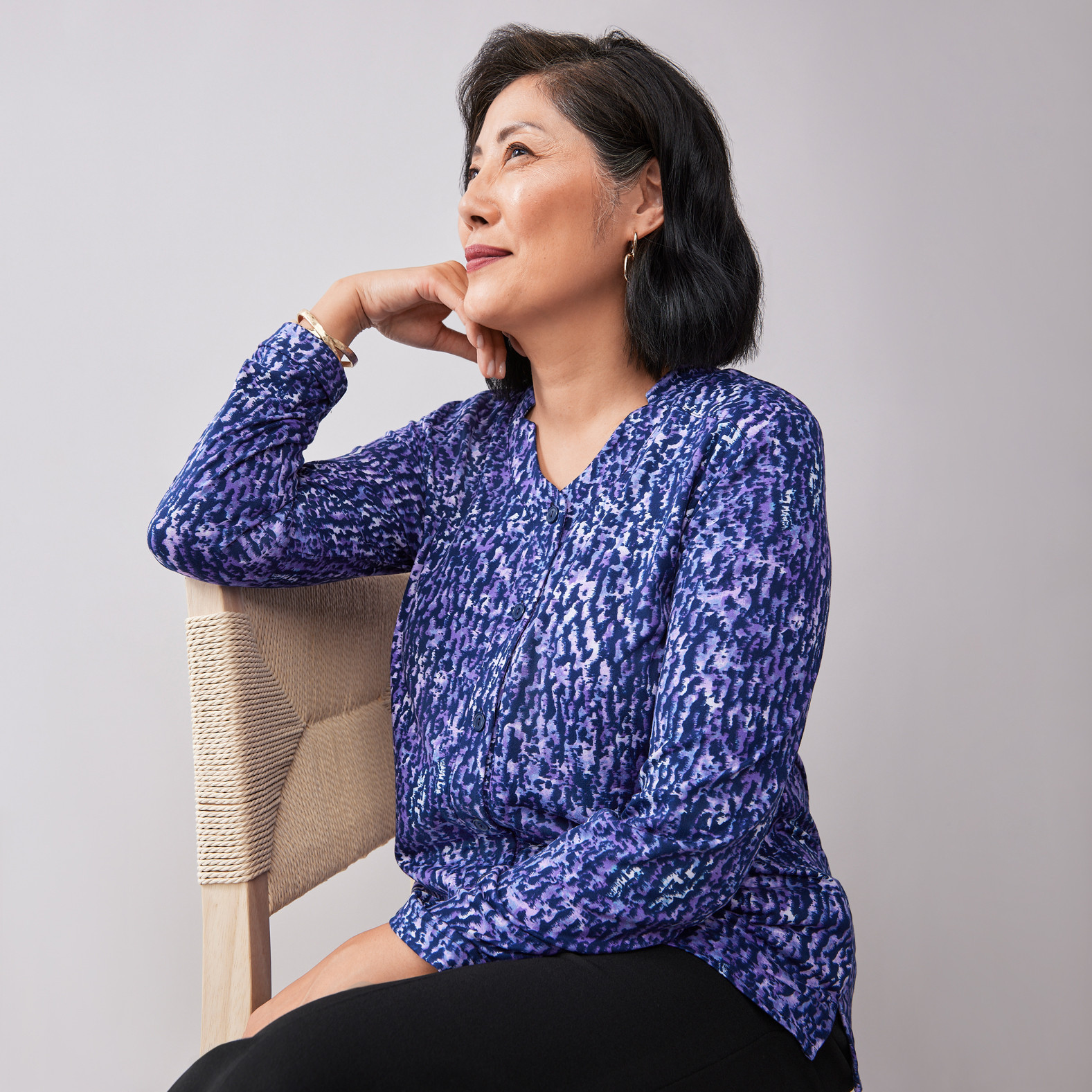 Women's V-Neck Printed Button Top -Half Body