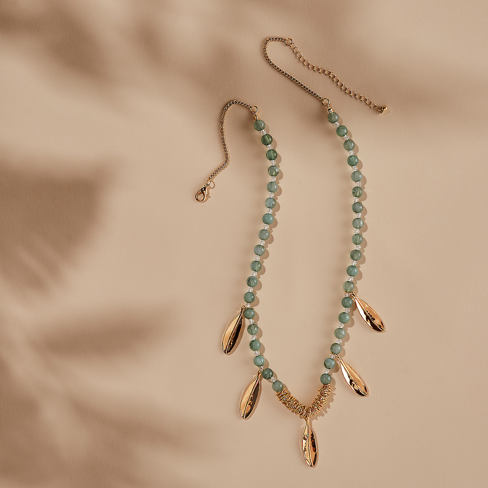 Beaded Necklace with Leaf Charms