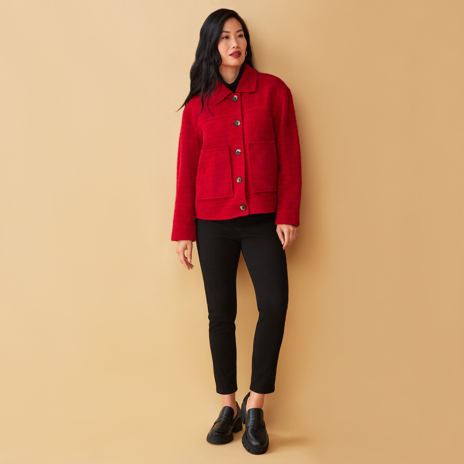 Chunky Collared Boucle Jacket Full Body Buttoned