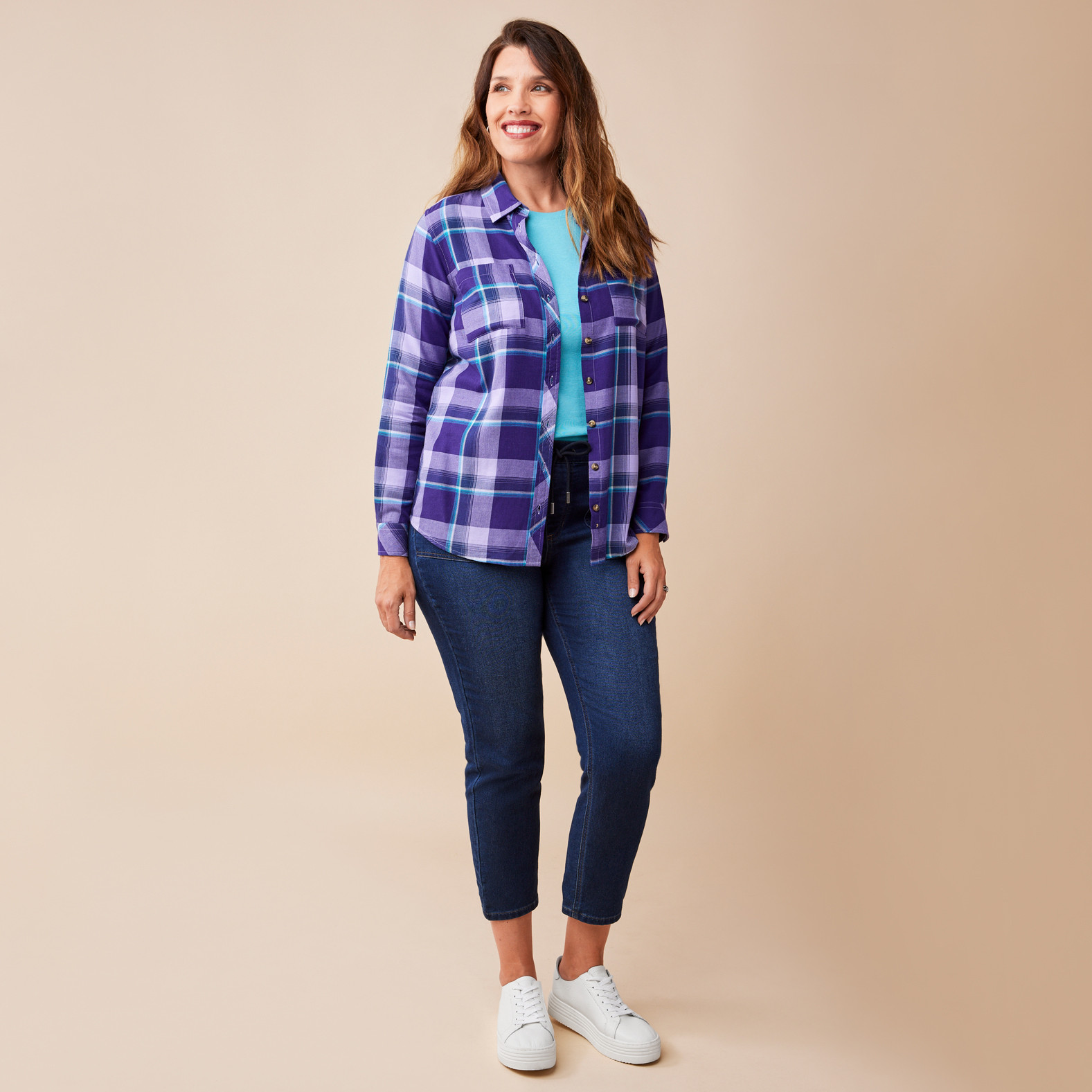 Purple Long Sleeve Plaid Shirt Full Body Untucked