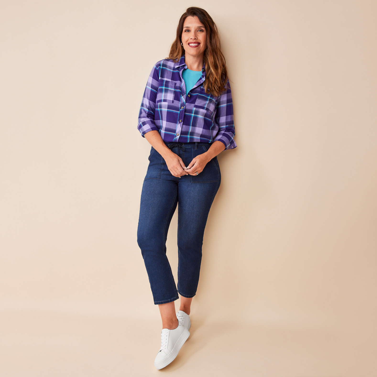 Purple Long Sleeve Plaid Shirt Full Body Tucked
