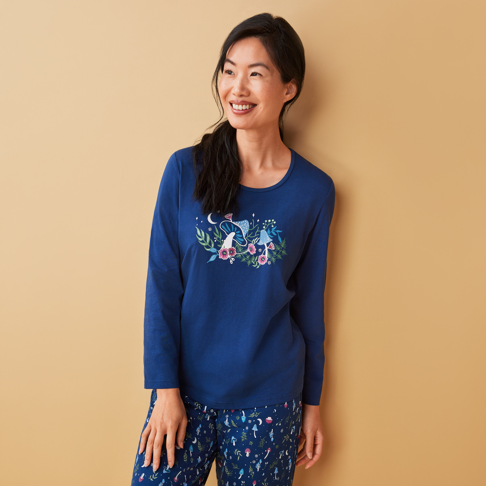 Mushroom Print Flannel Pyjamas Half Body Untucked