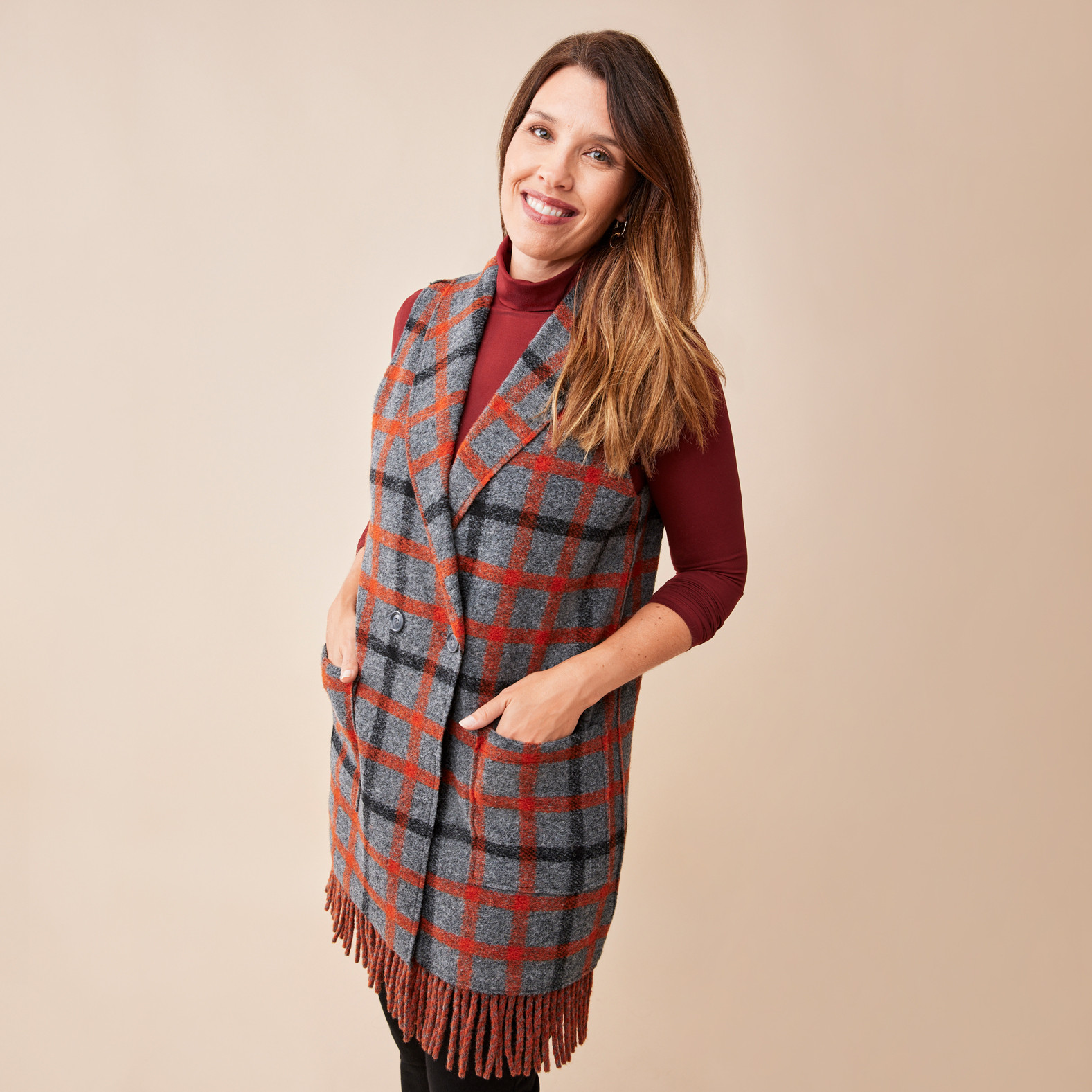 Plaid Vest with Fringe Half Body Buttoned