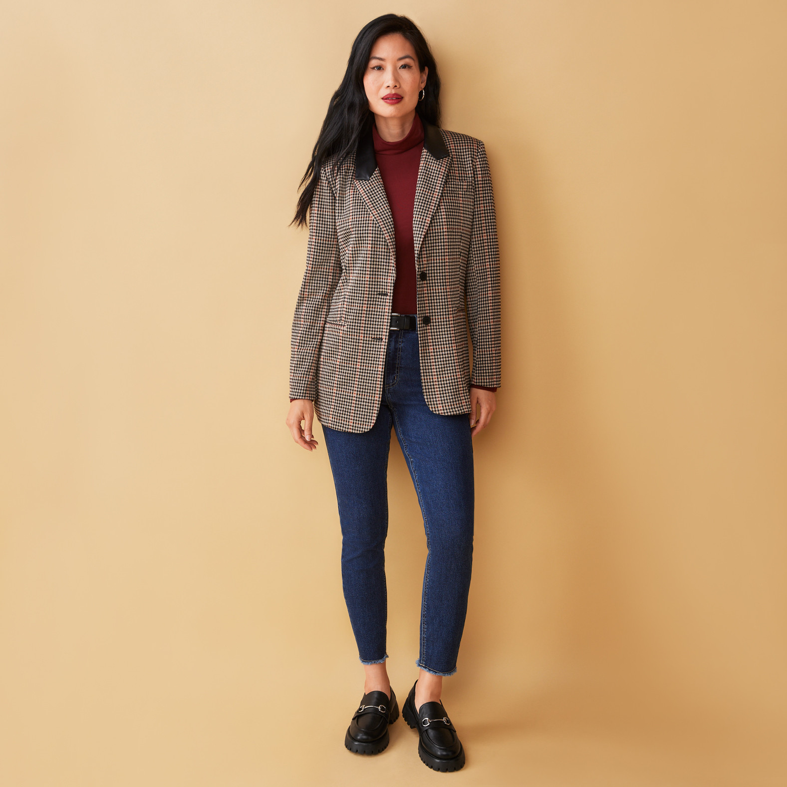 Printed Pleather Trim Blazer Ginger Beige