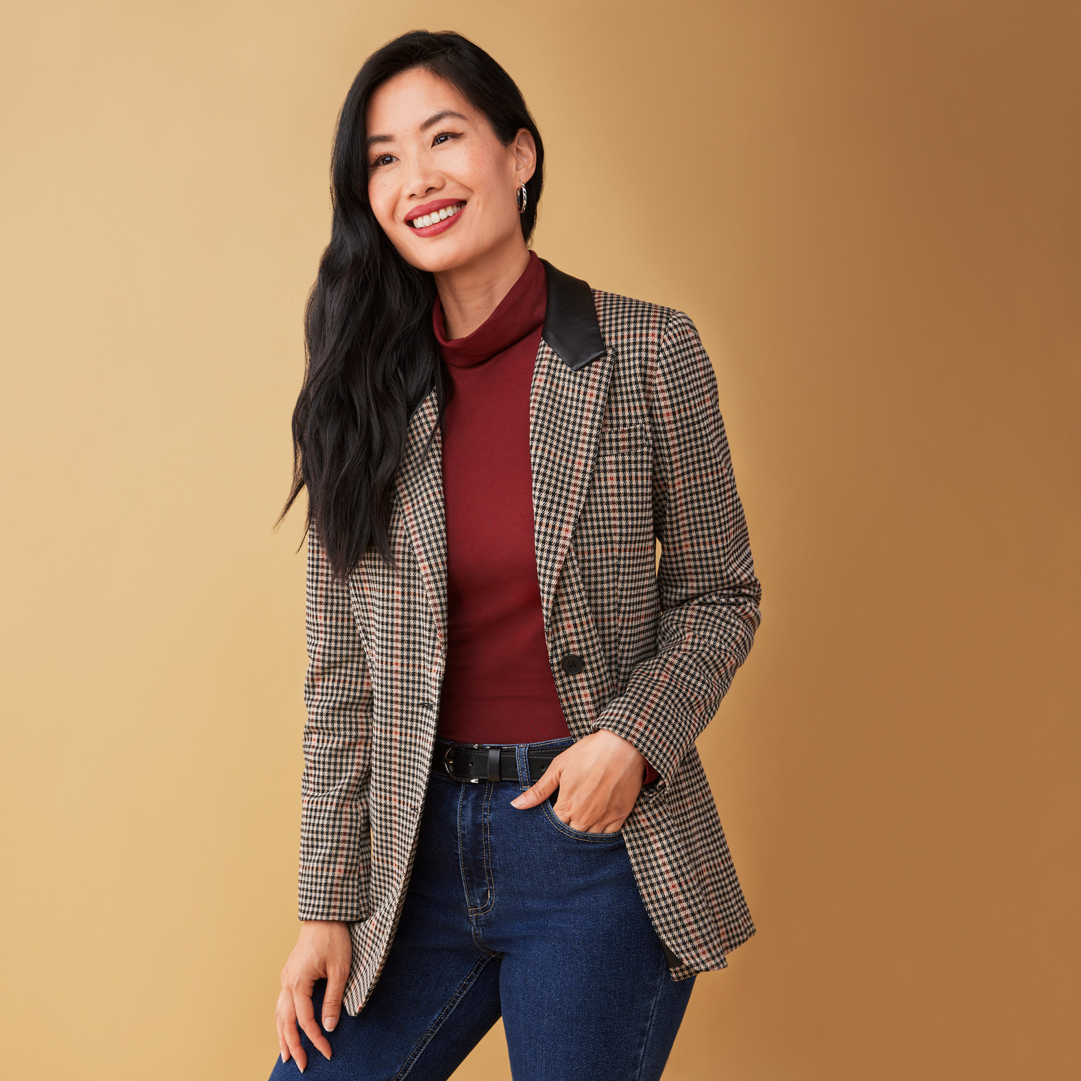 Printed Pleather Trim Blazer Ginger Beige Half Body