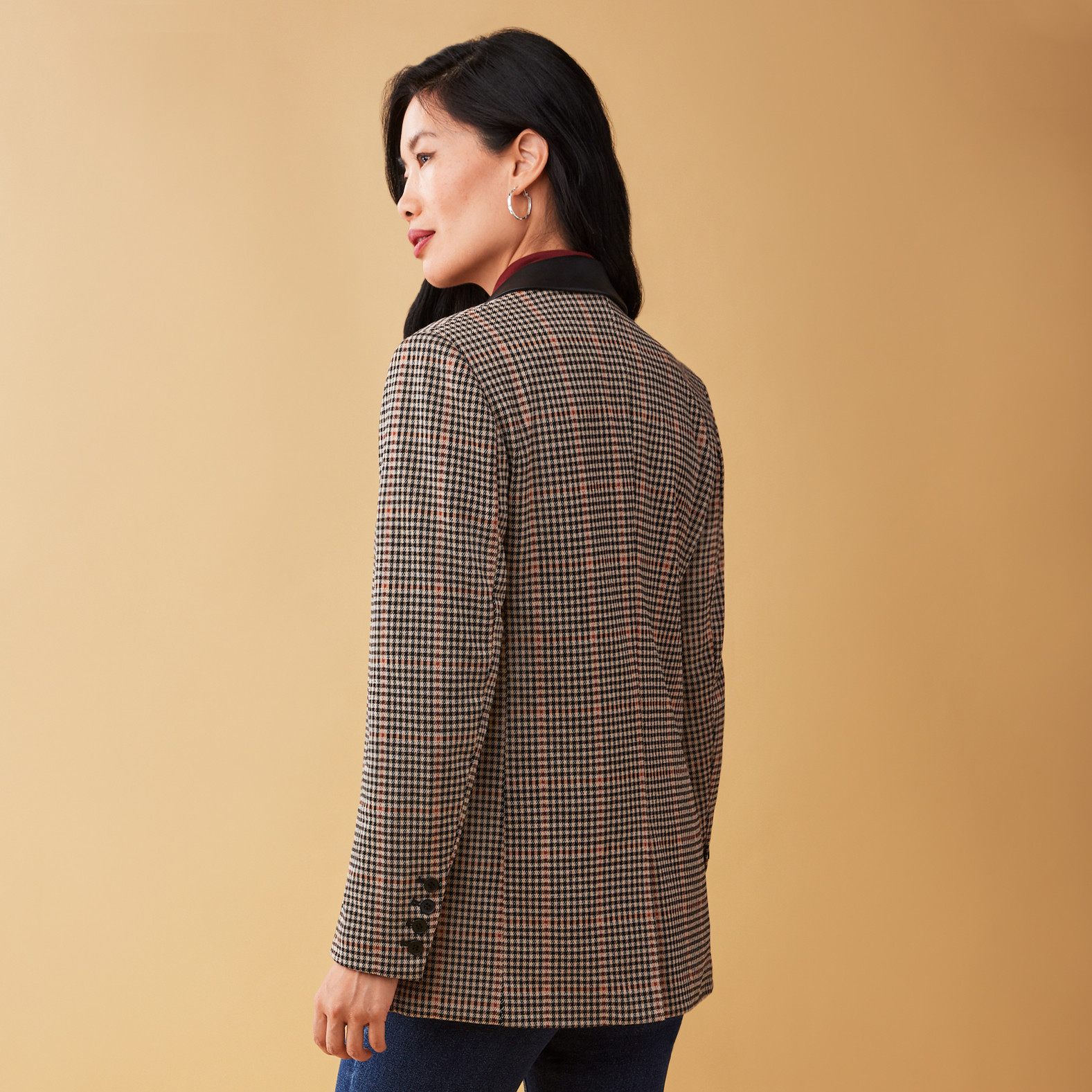 Printed Pleather Trim Blazer Ginger Beige Back View