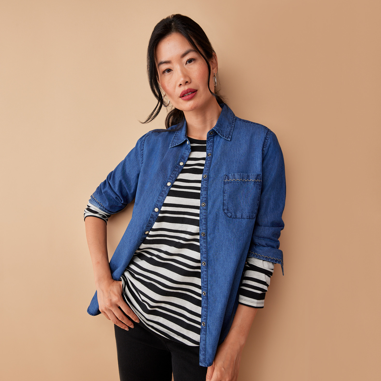 Semi Fit Black Striped Tee layered with denim shirt