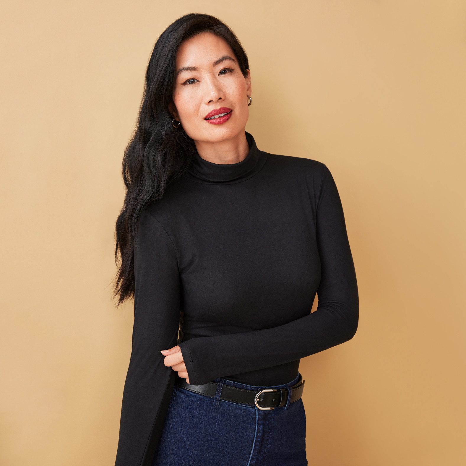 Solid Slim Fit Turtleneck Top Half Body