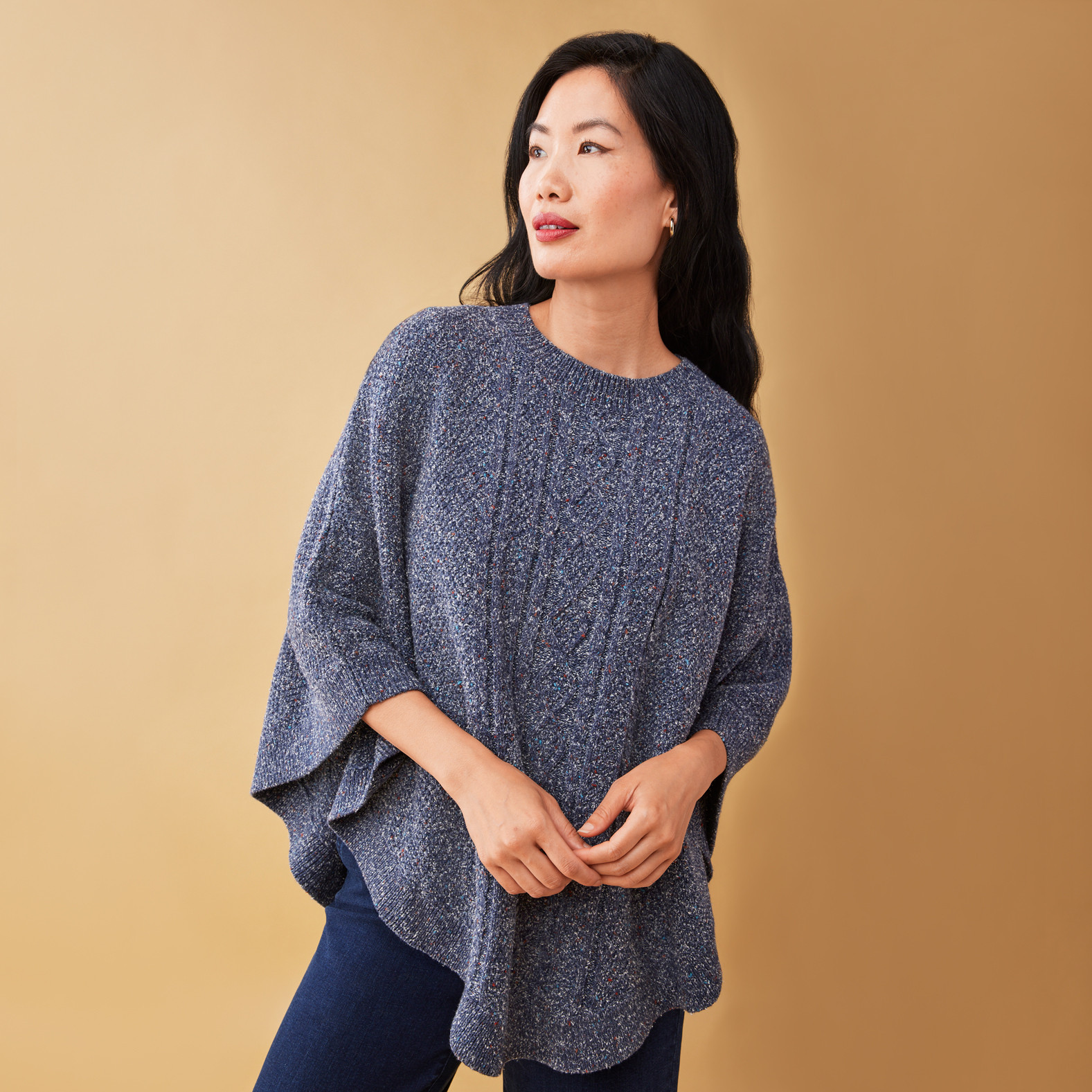 Textured Knit Poncho Half Body