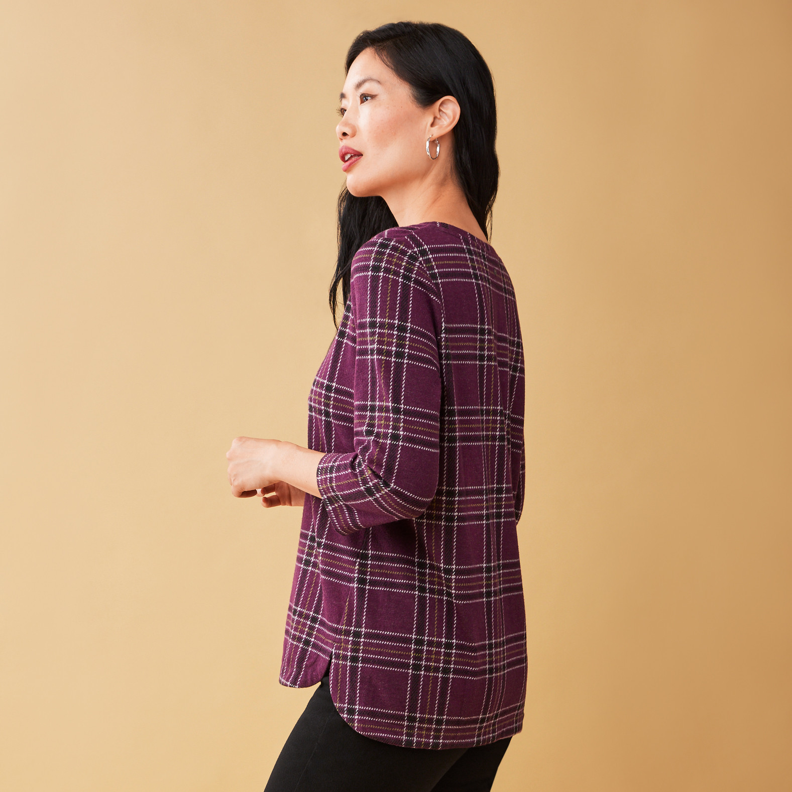 Three Quarter Sleeve Plaid Top Back View