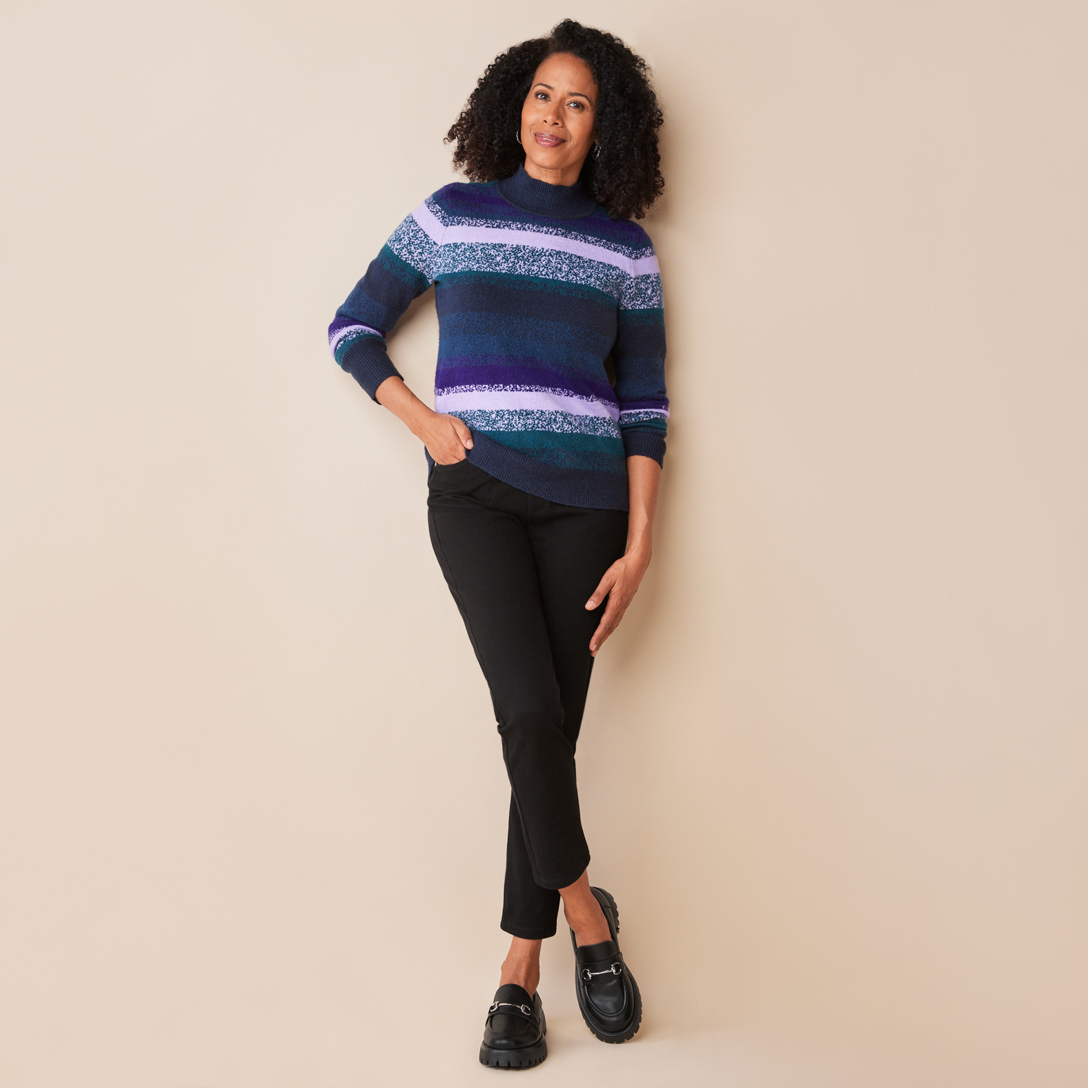 Jewel Tone Striped Mockneck Sweater Full Body