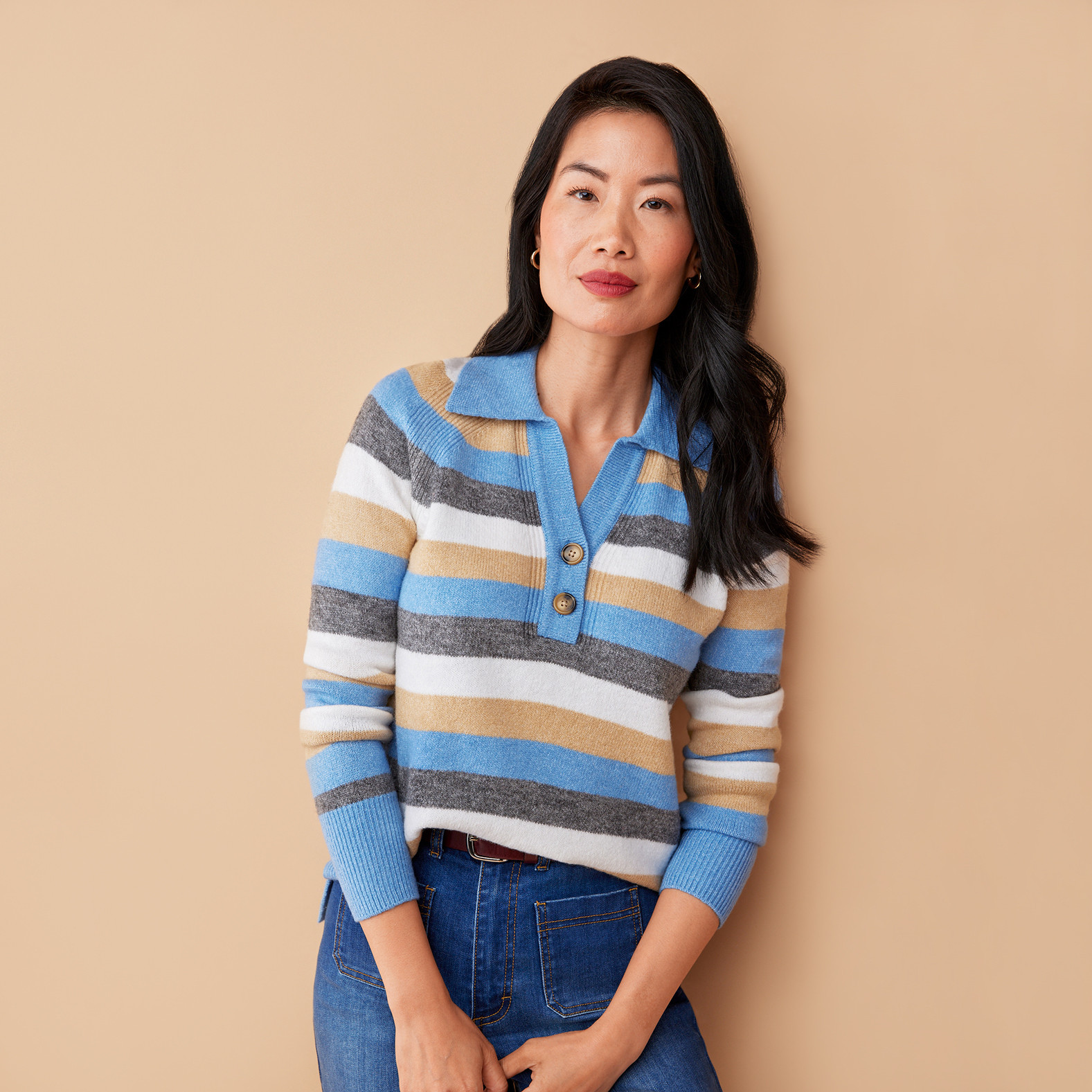 Women's Johnny Collar Striped Sweater