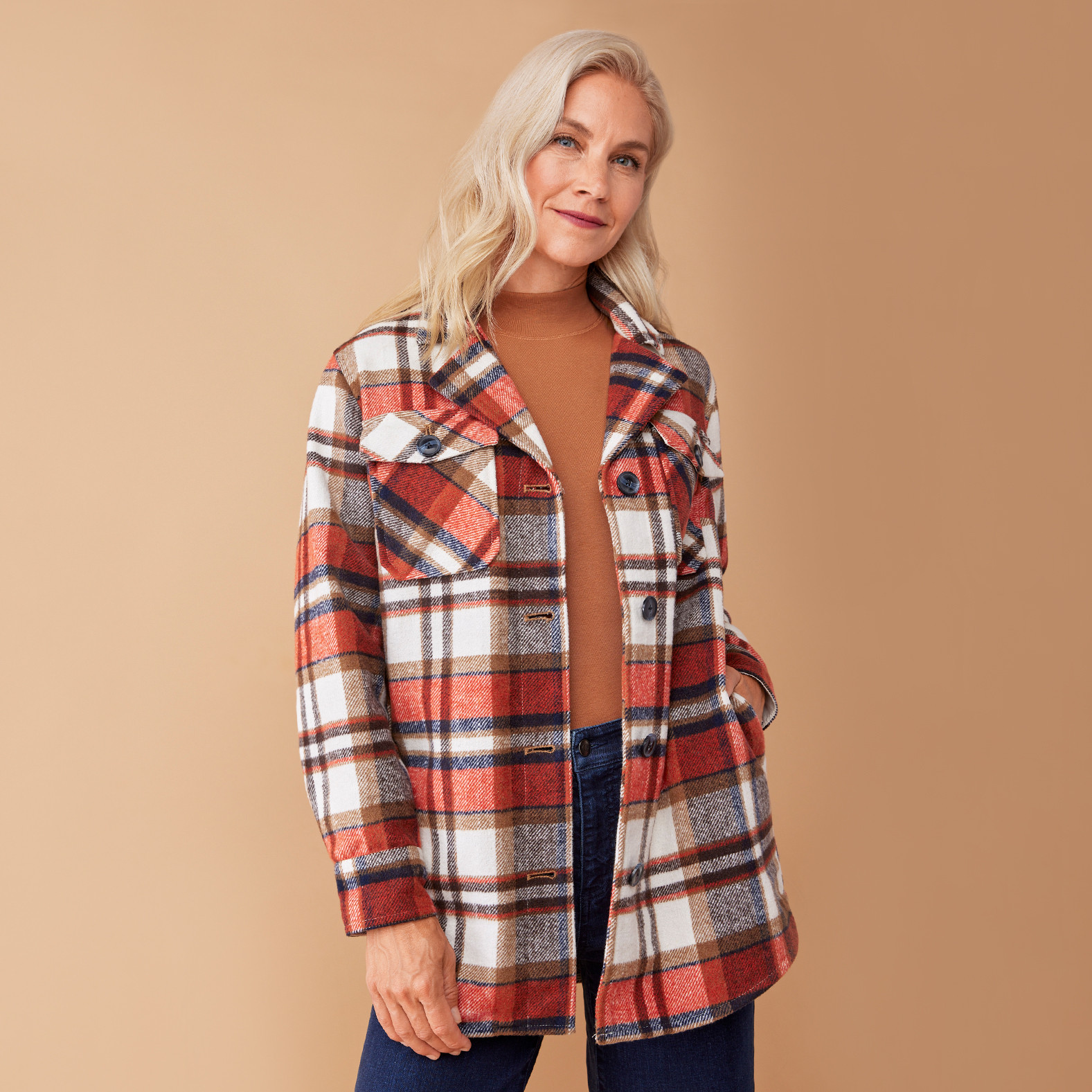 Notched Collar Plaid Shacket Half Body