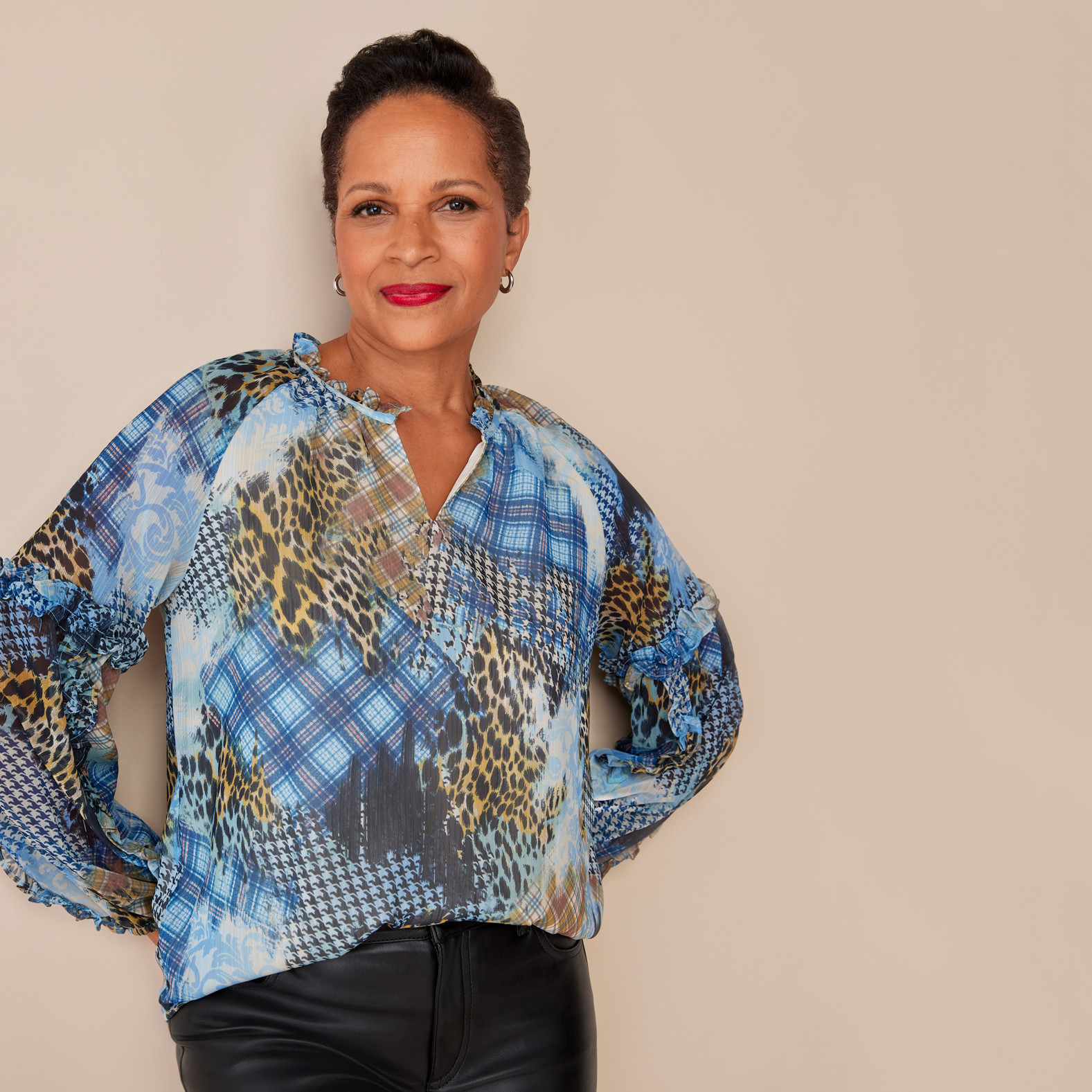 Women's Patchwork Print Ruffle Sleeve Top