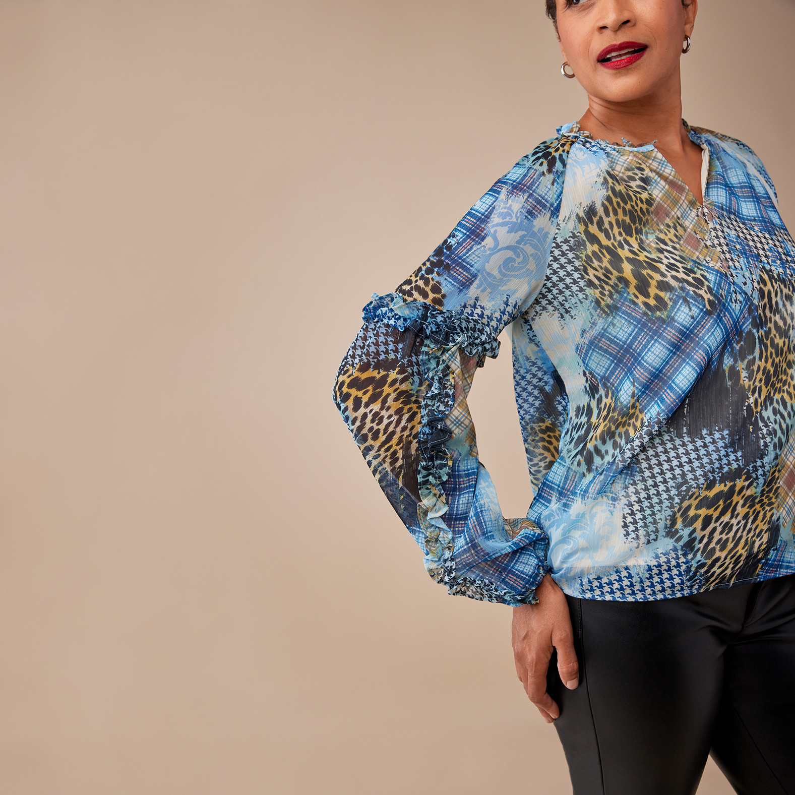 Patchwork Print Ruffle Sleeve Top Close Up