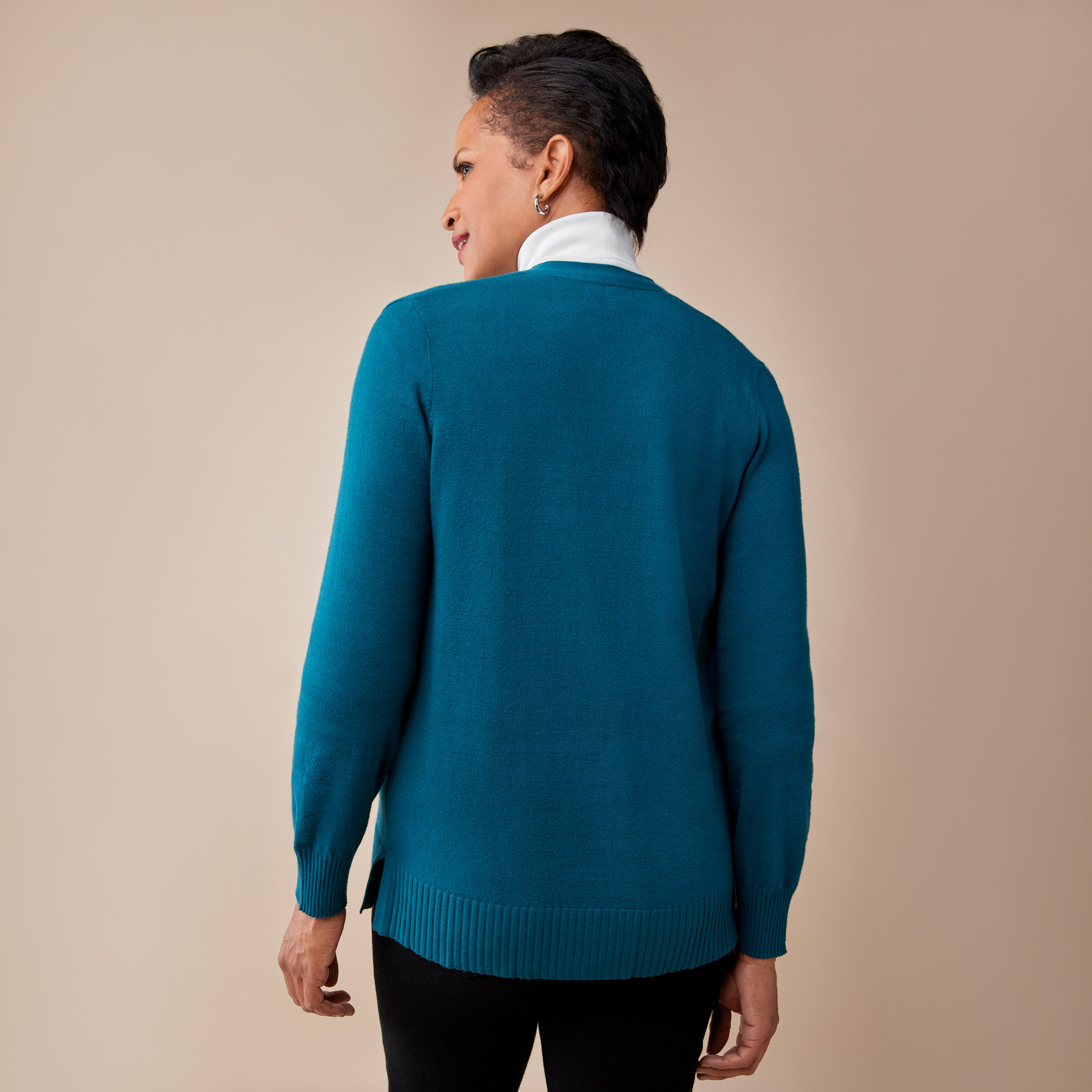 Petite - Puff Sleeve Cardigan Back View - Teal Green