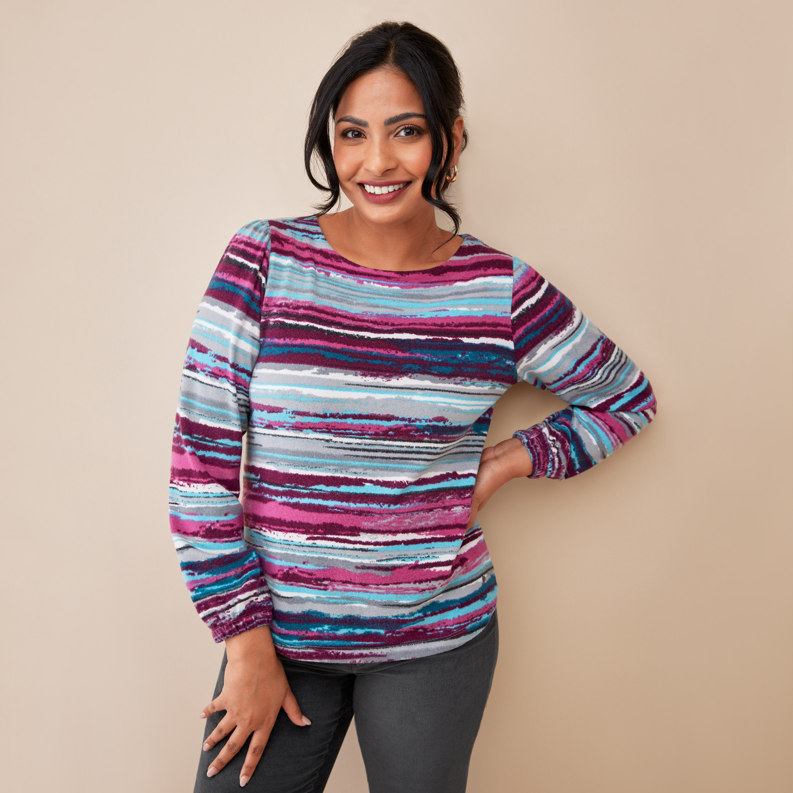 Petite - Watercolour Striped Top on Petite Model