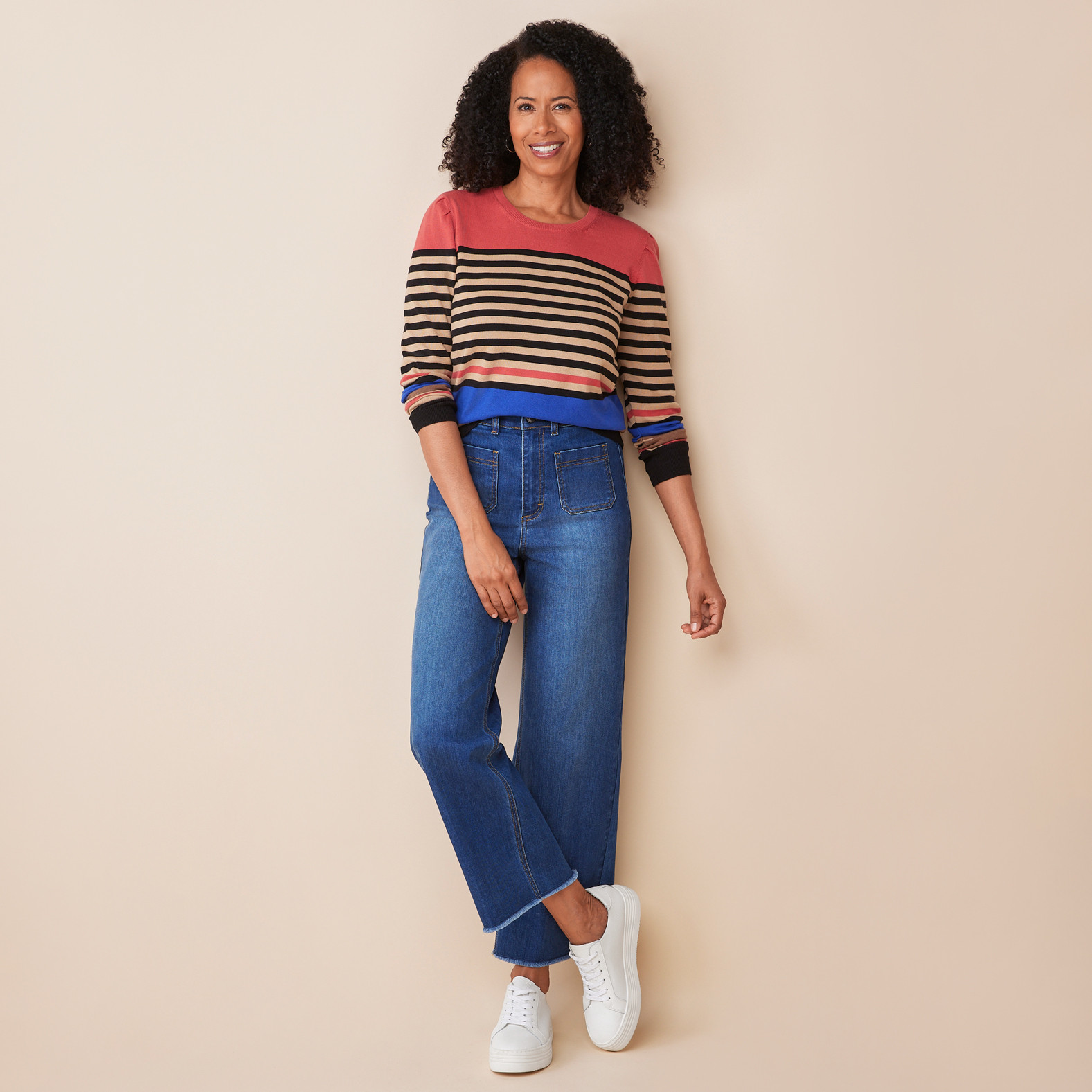 Puff Shoulder Striped Sweater Full Body Tucked
