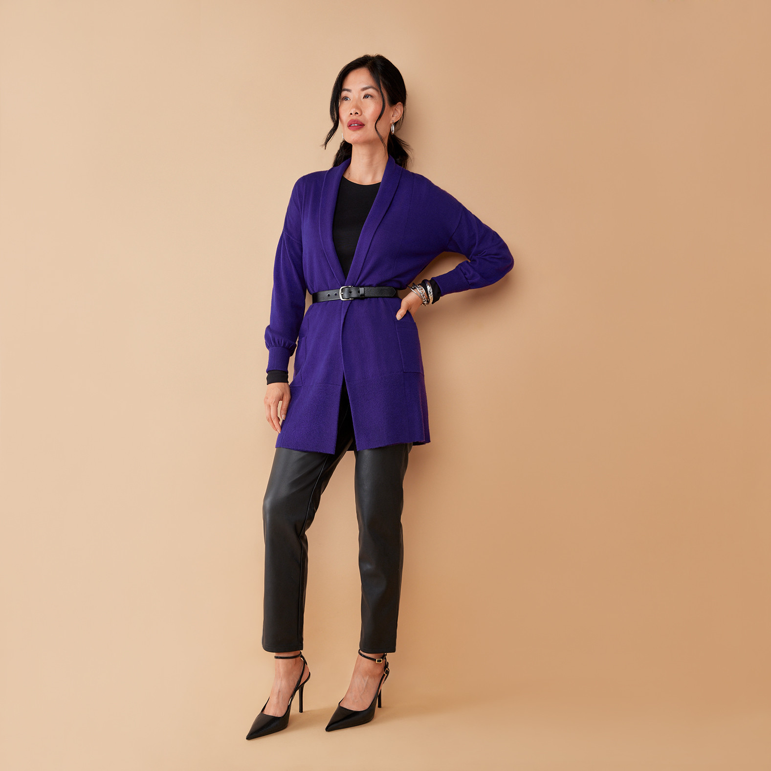 Women's Puff Sleeve Cardigan Full Body - Posh Purple