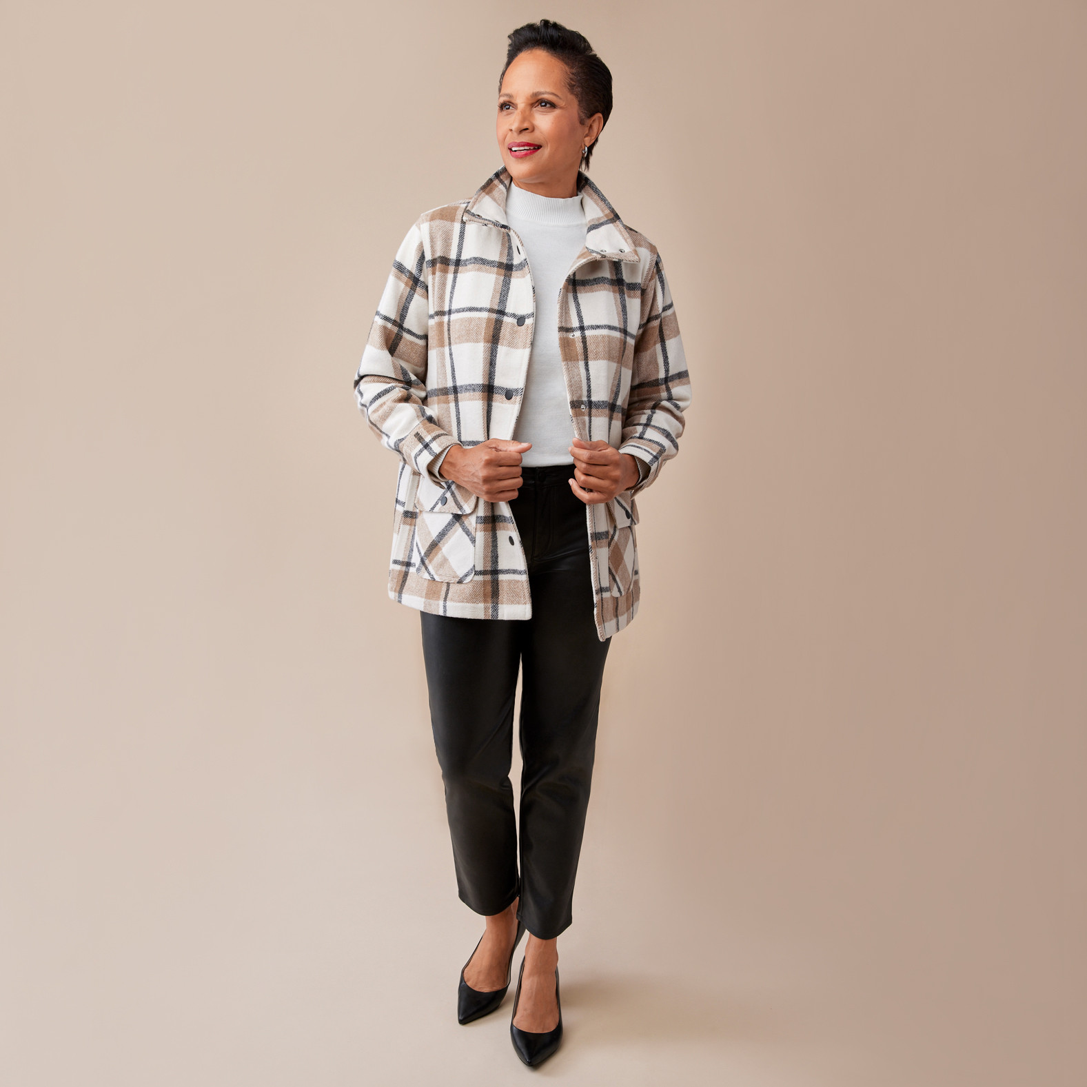 Stand Collar Neutral Plaid Shacket Full Body