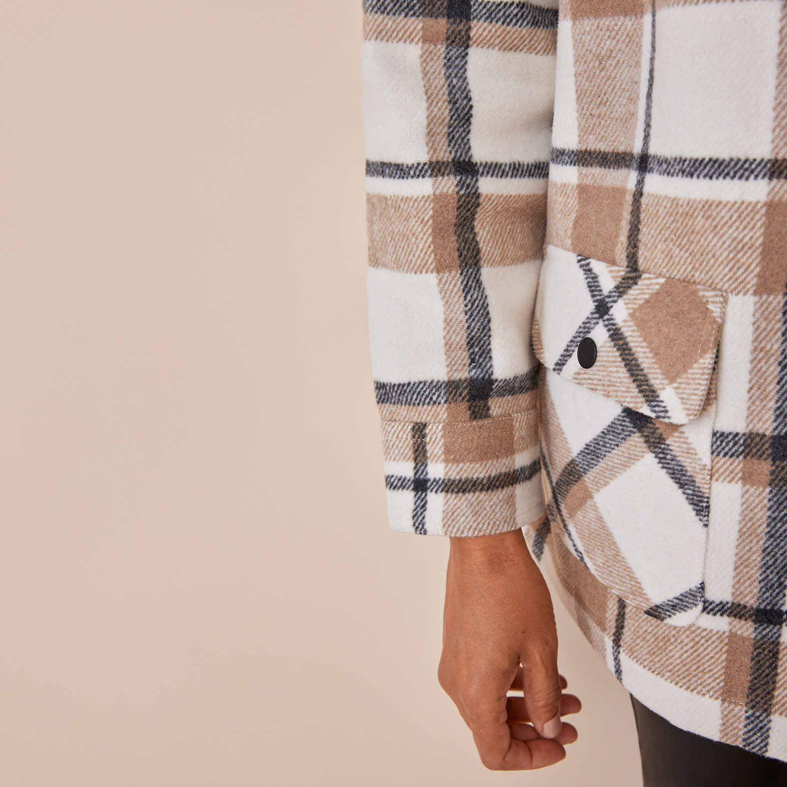 Stand Collar Neutral Plaid Shacket Close Up