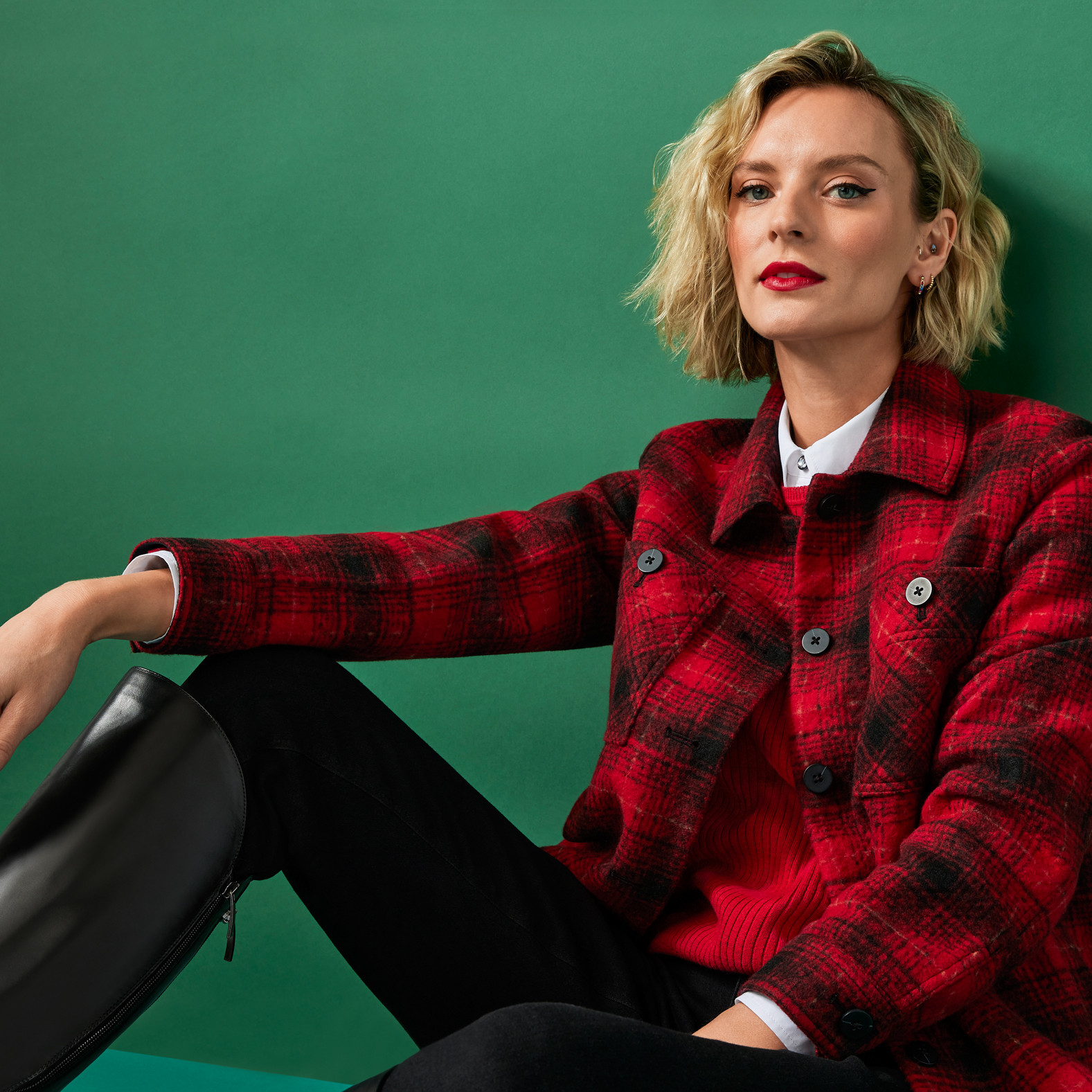Petite Red Plaid Shacket Half Body