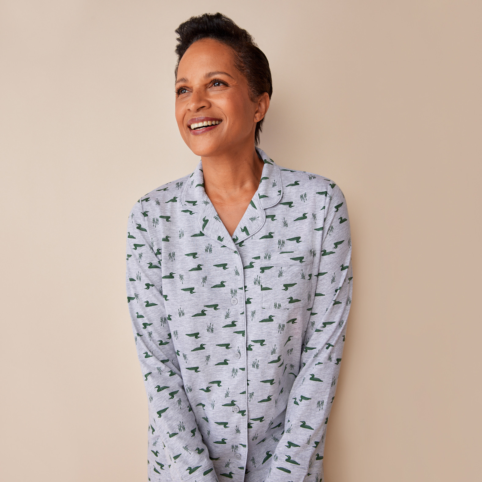 Collared Loon Print Pyjama Set- Half Body