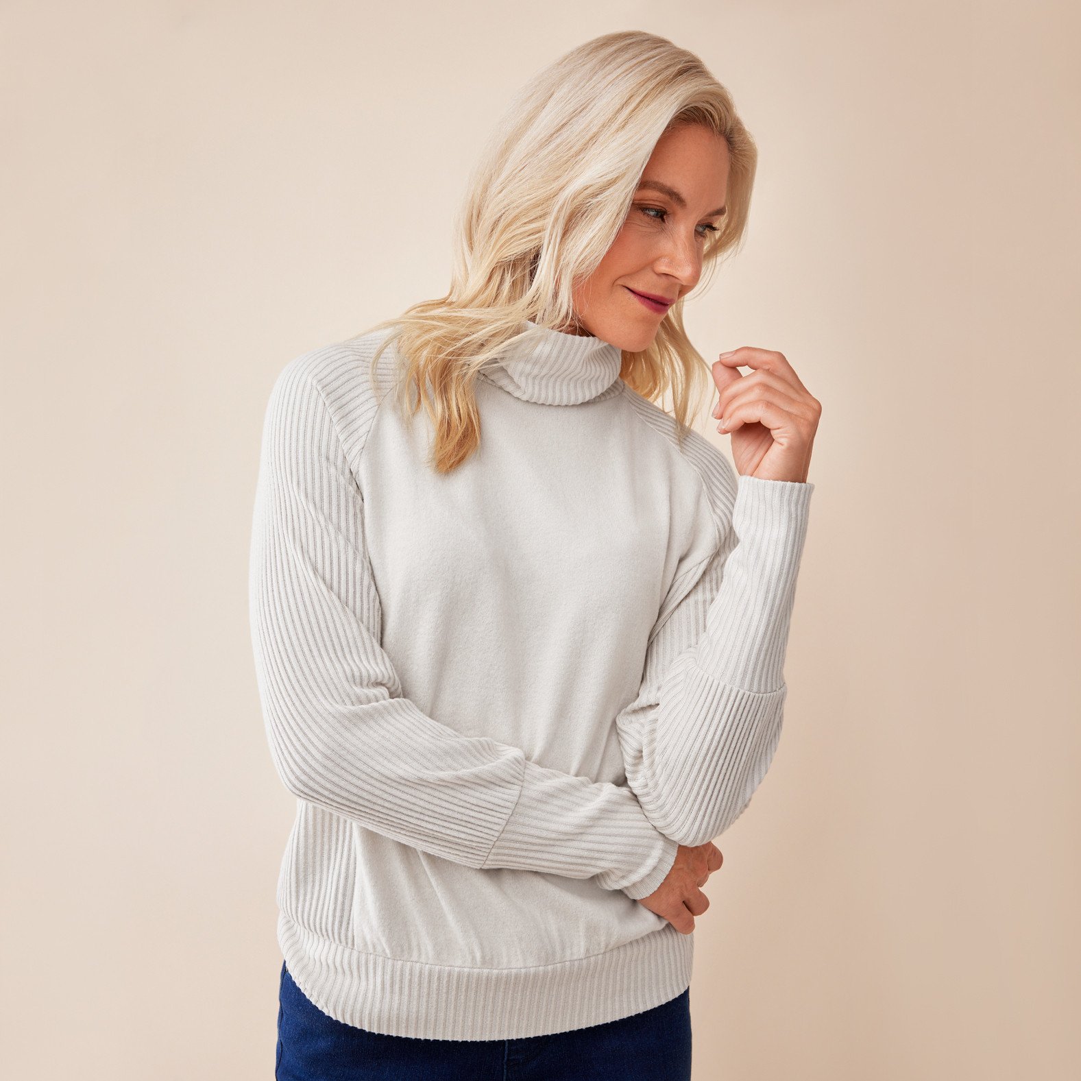 Ribbed Detail Turtleneck Sweater Half Body Ginger Beige