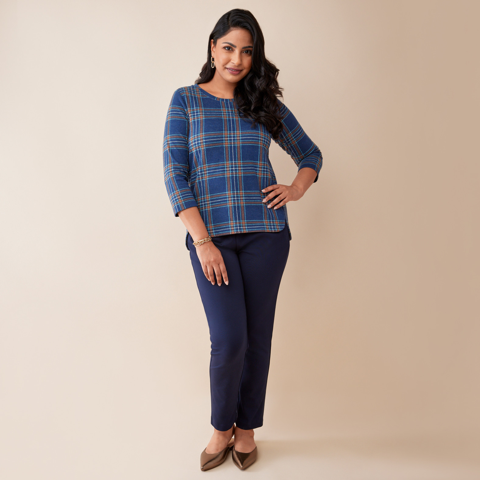 Petite - 3/4 Sleeve Plaid Top Full Body