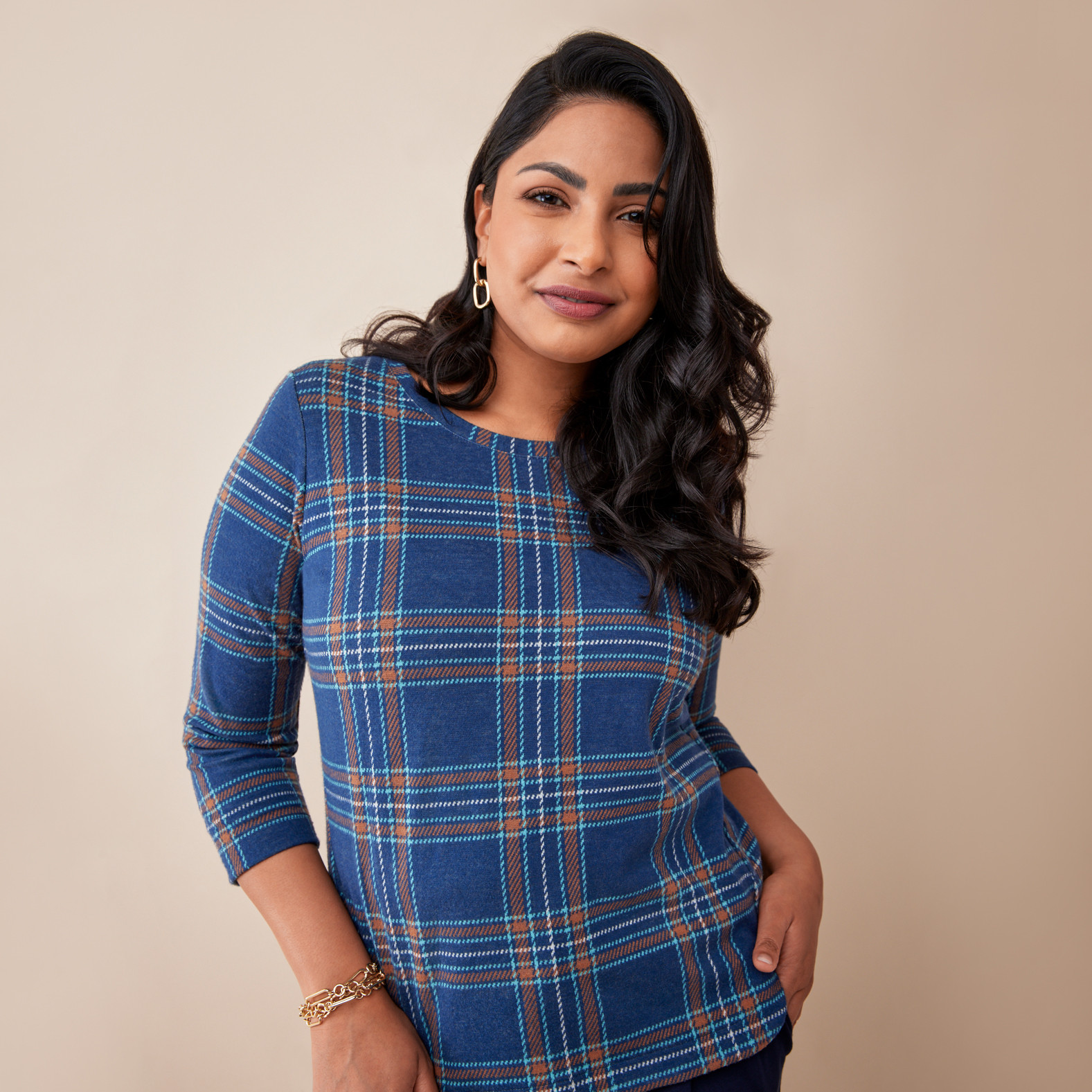 Petite - 3/4 Sleeve Plaid Top Half Body