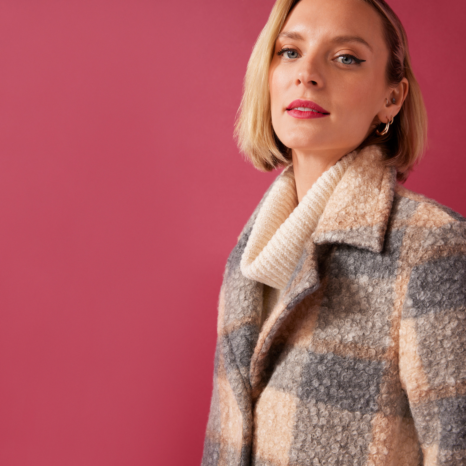 Neutral Plaid Boucle Jacket Close up
