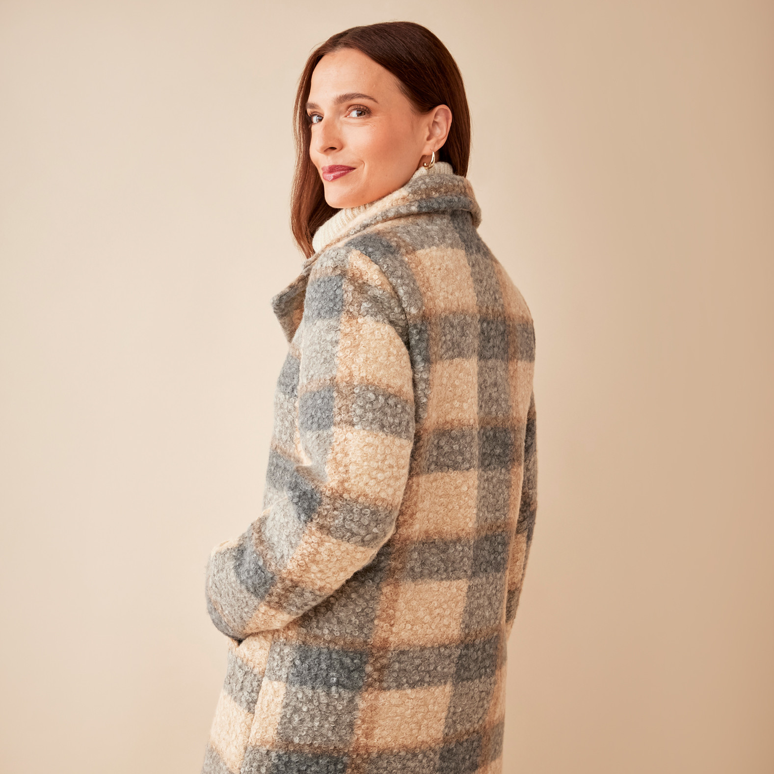 Neutral Plaid Boucle Jacket Full Body Back View