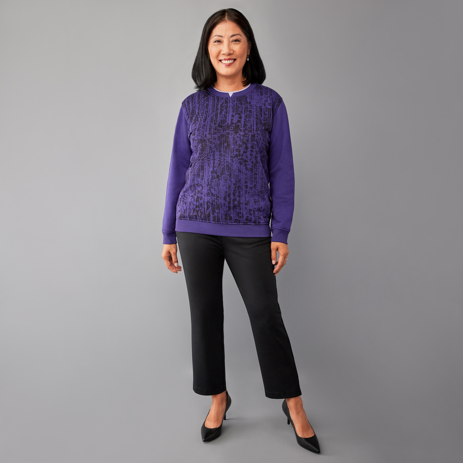 Abstract Print Notch Neck Fleece Full Body Front View