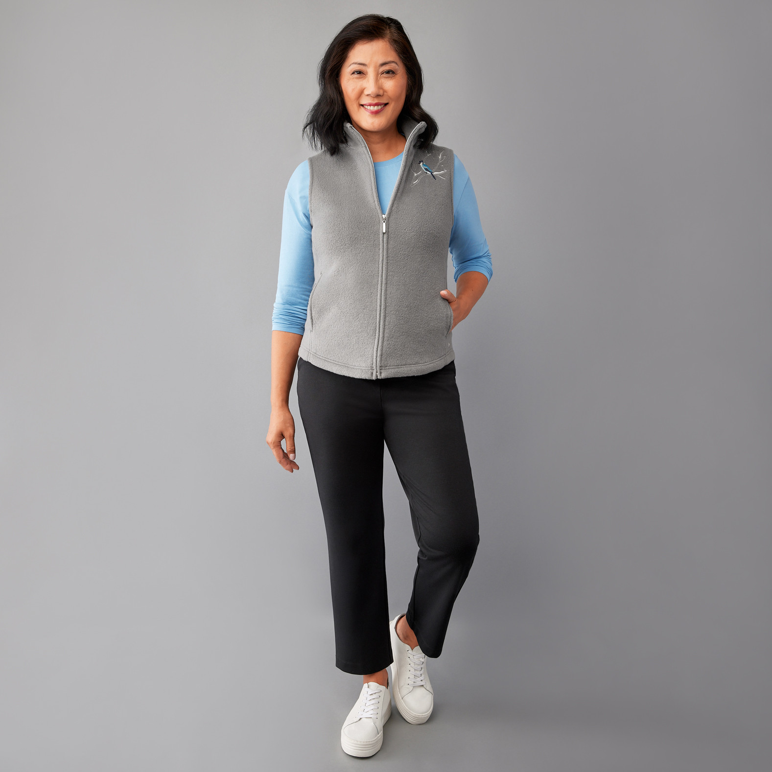 Bird Embroidery Fleece Vest Full Body Unzipped