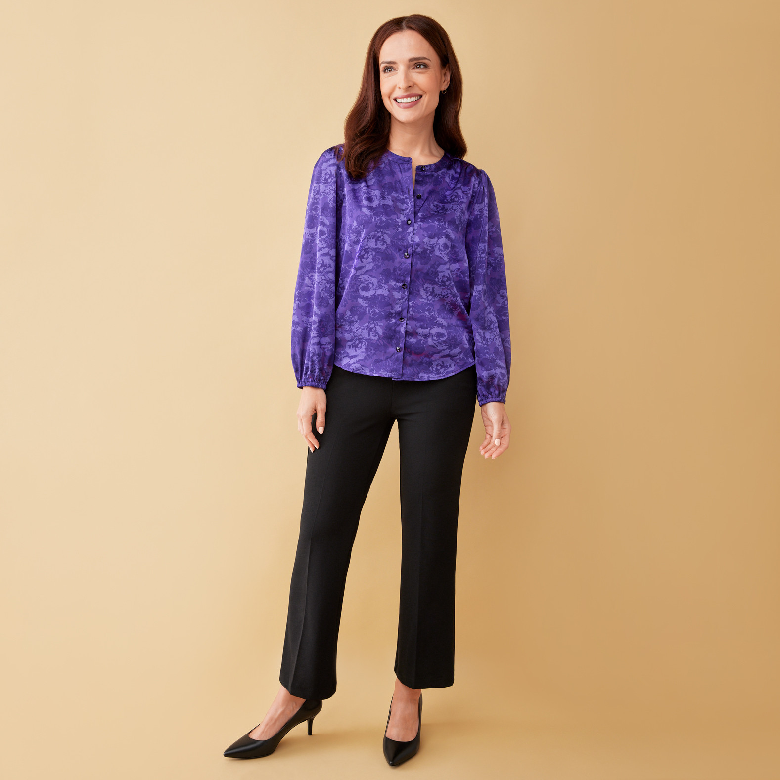 Button Front Silky Blouse Full Body