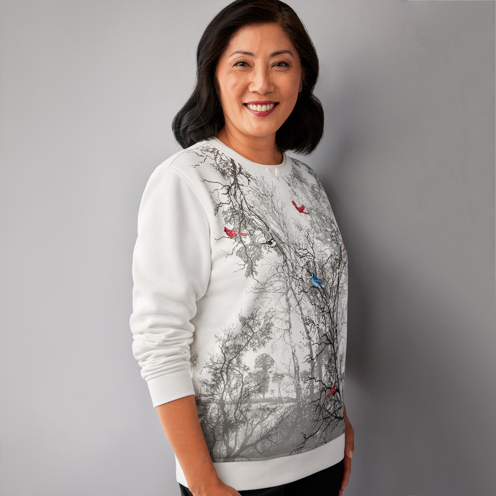 Scenic Birds Notch Neck Fleece Half Body