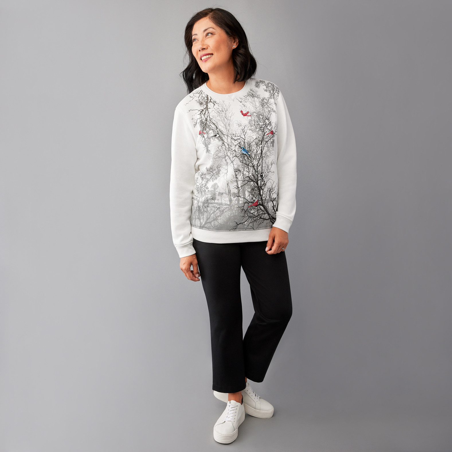 Scenic Birds Notch Neck Fleece Full Body