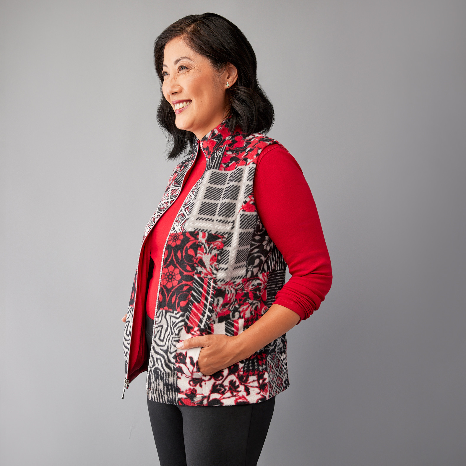 Patchwork Print Fleece Vest Half Body