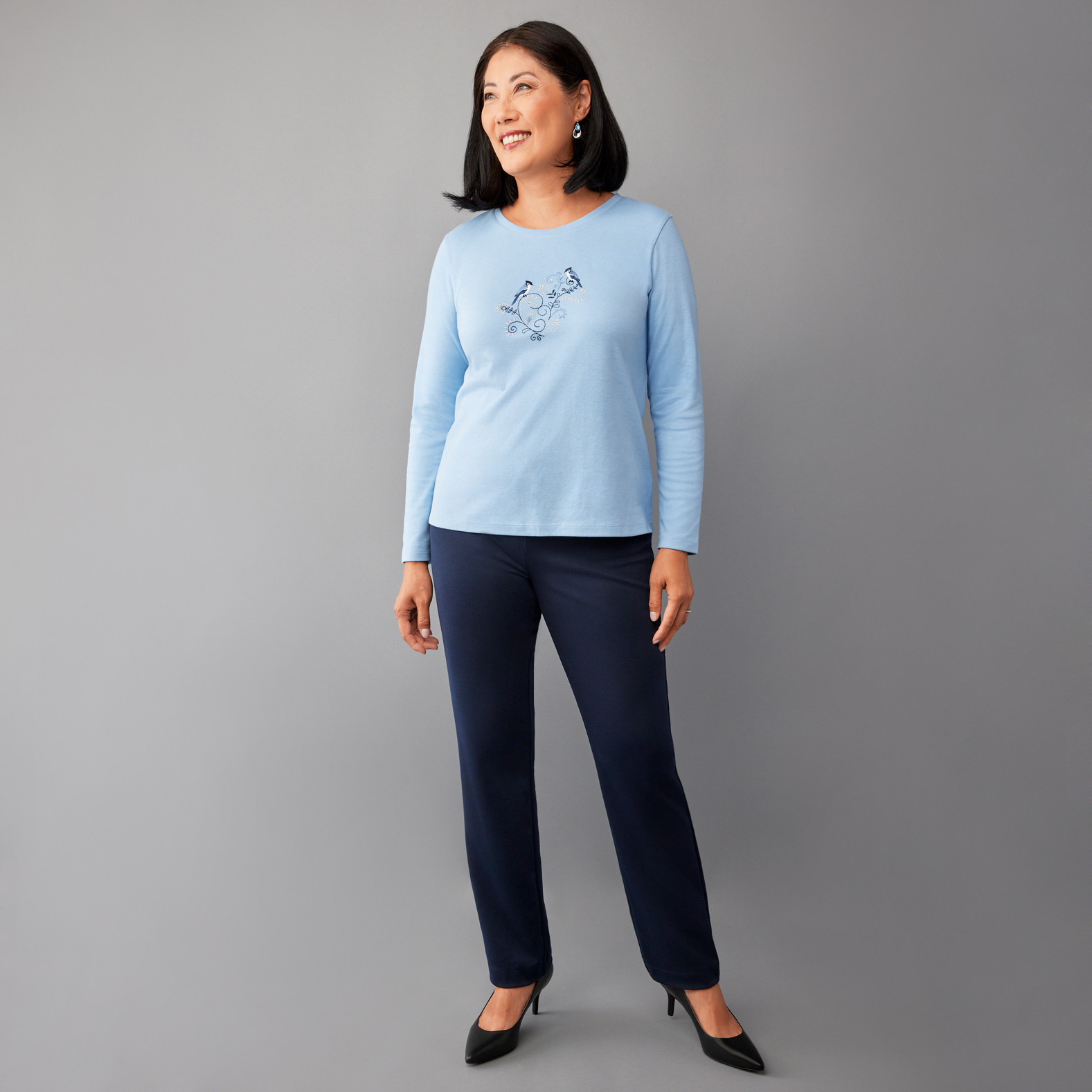 Petite - Embroidered Long Sleeve Top Full Body