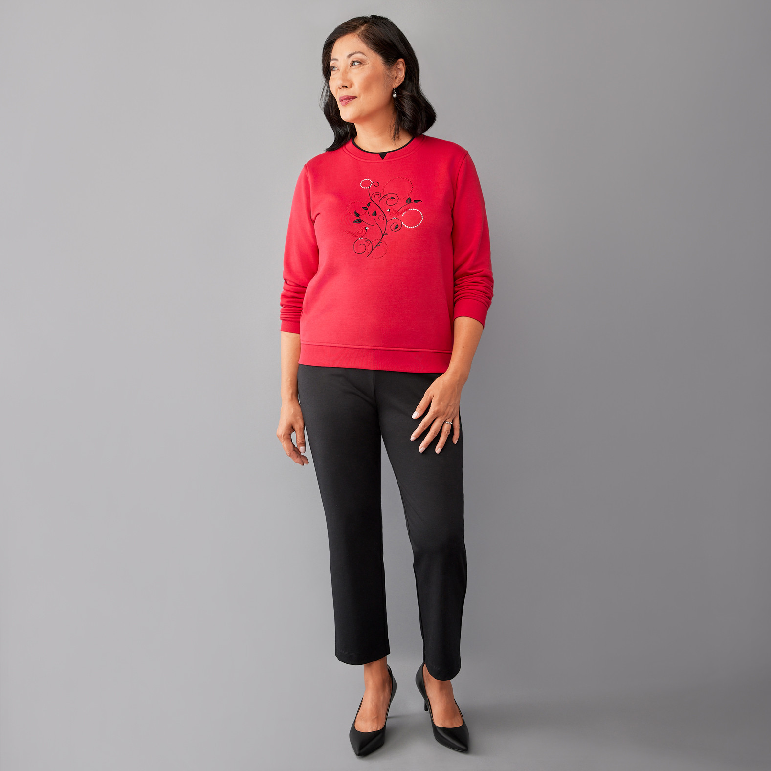 Petite - Embroidered Notch Neck Fleece Full Body