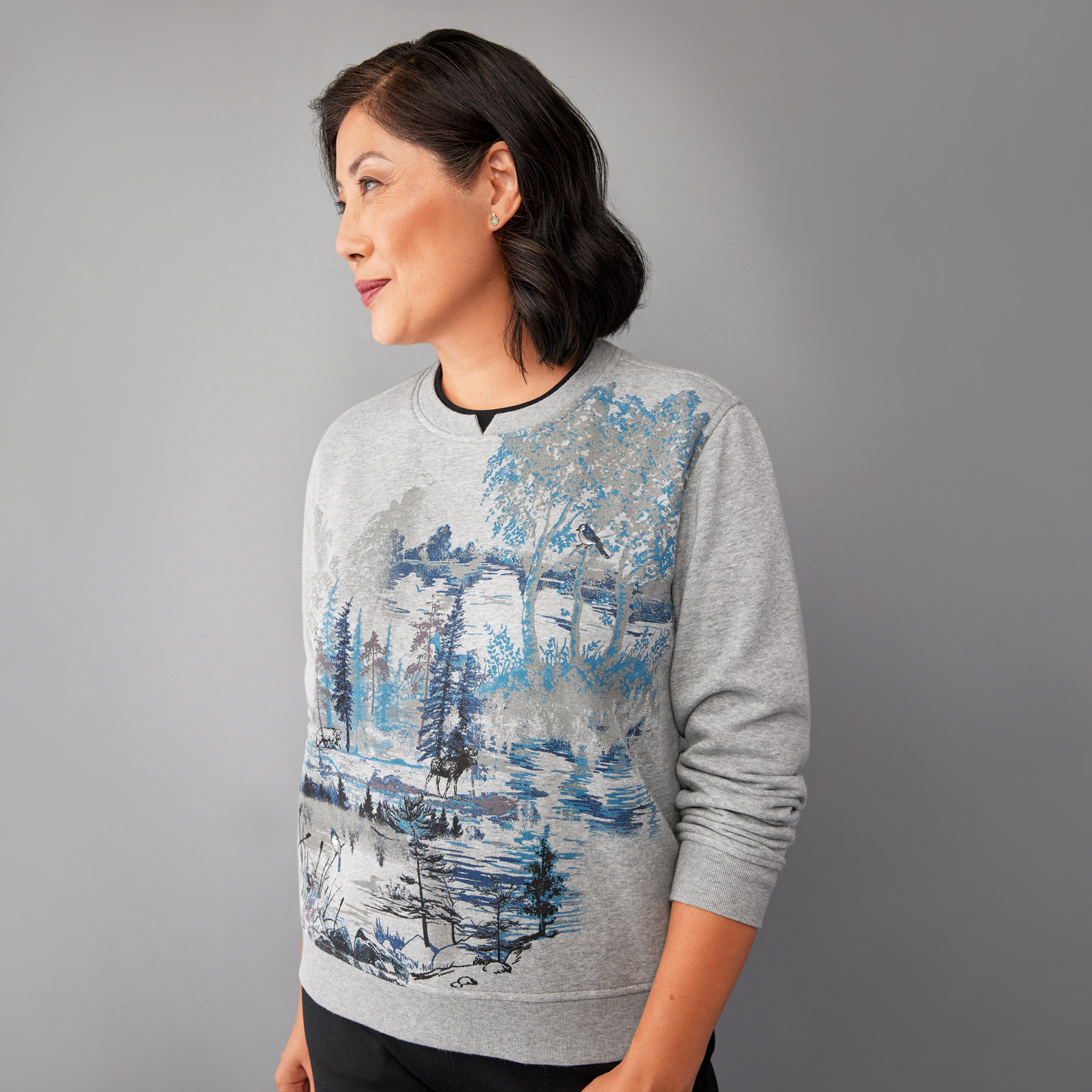 Petite - Grey Scenic Notch Neck Fleece