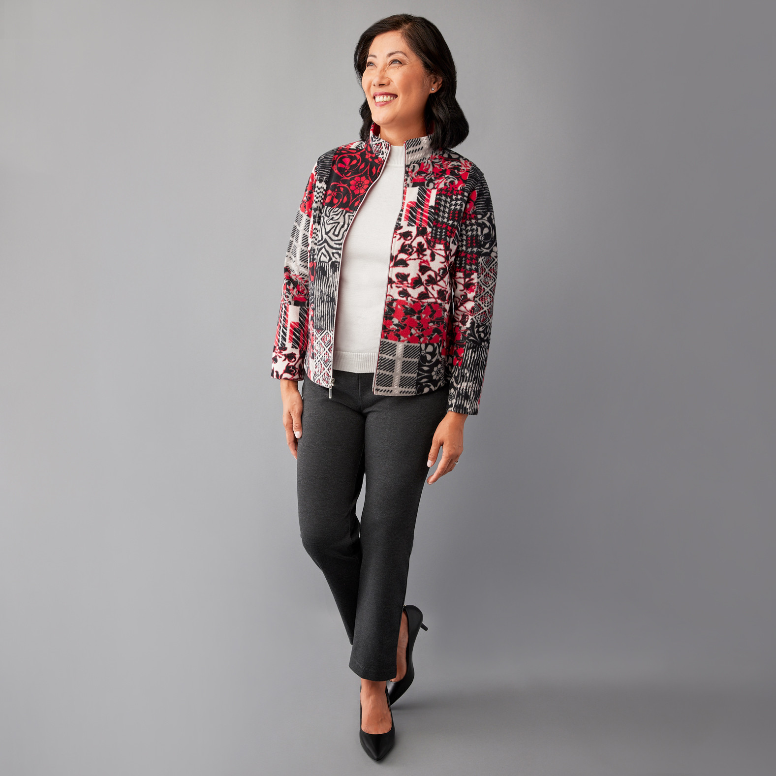 Petite - Patchwork Print Fleece Jacket Full Body