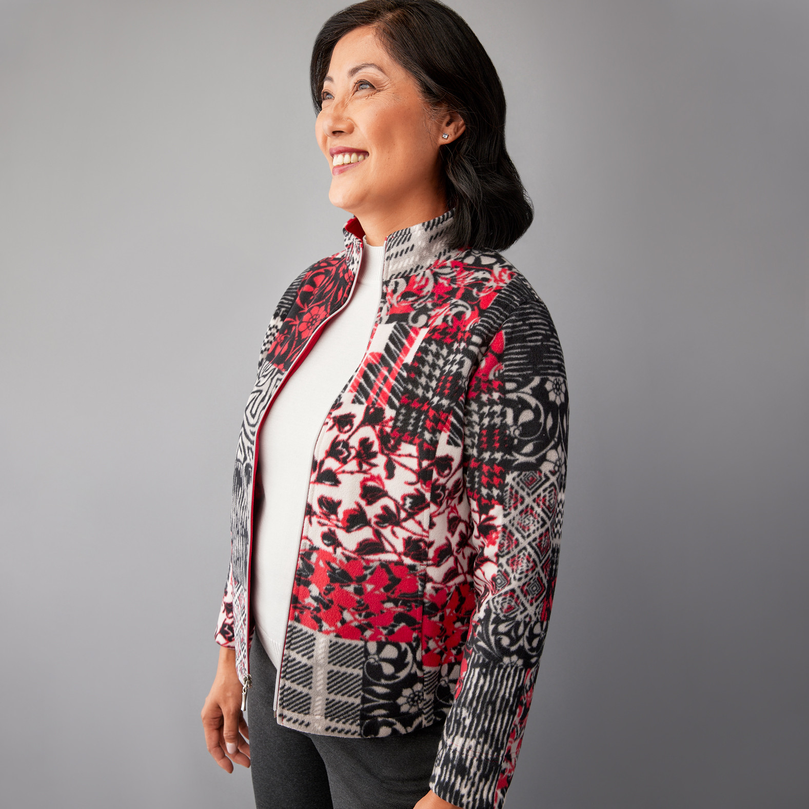 Petite - Patchwork Print Fleece Jacket Half Body