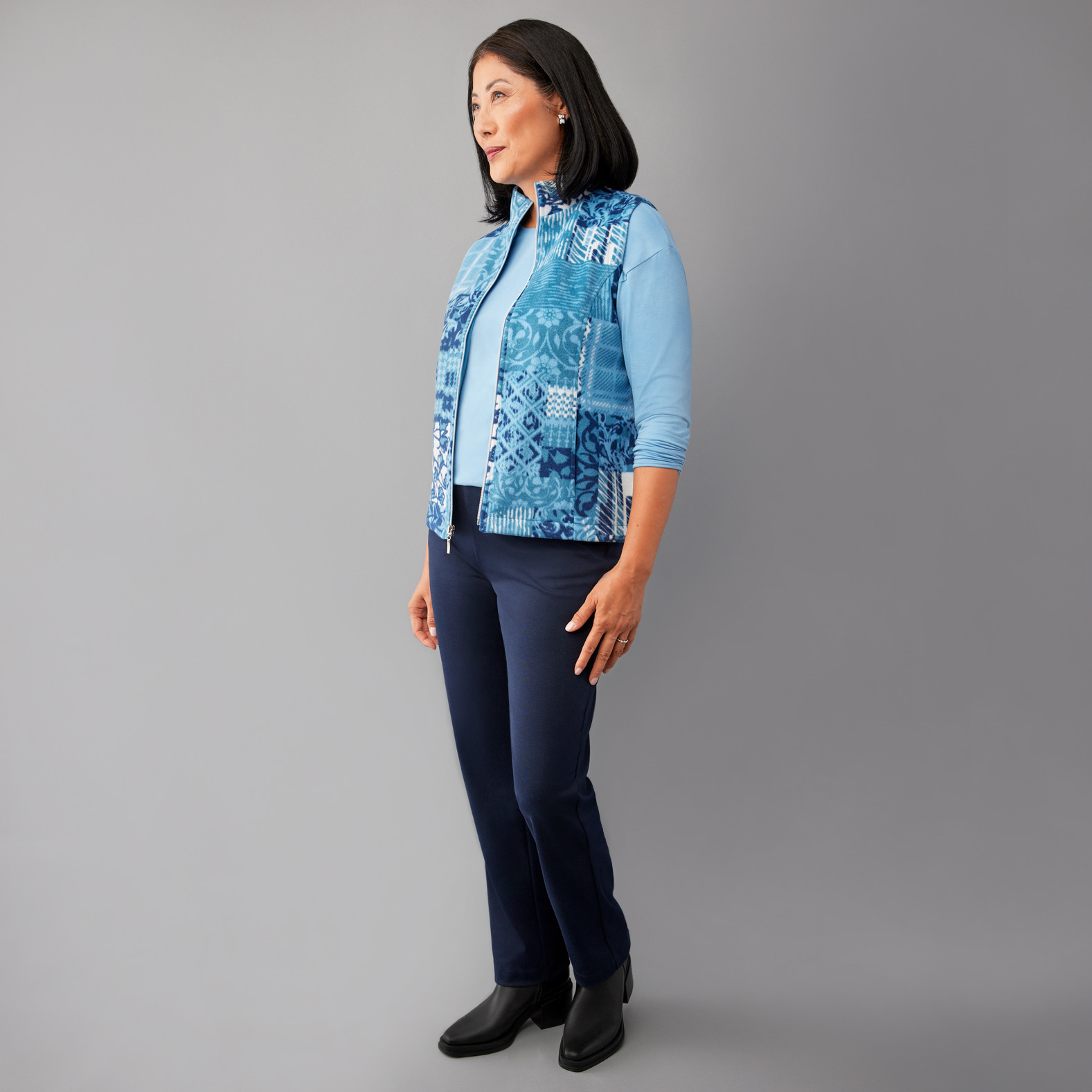 Petite - Patchwork Print Fleece Vest Full Body Unzipped