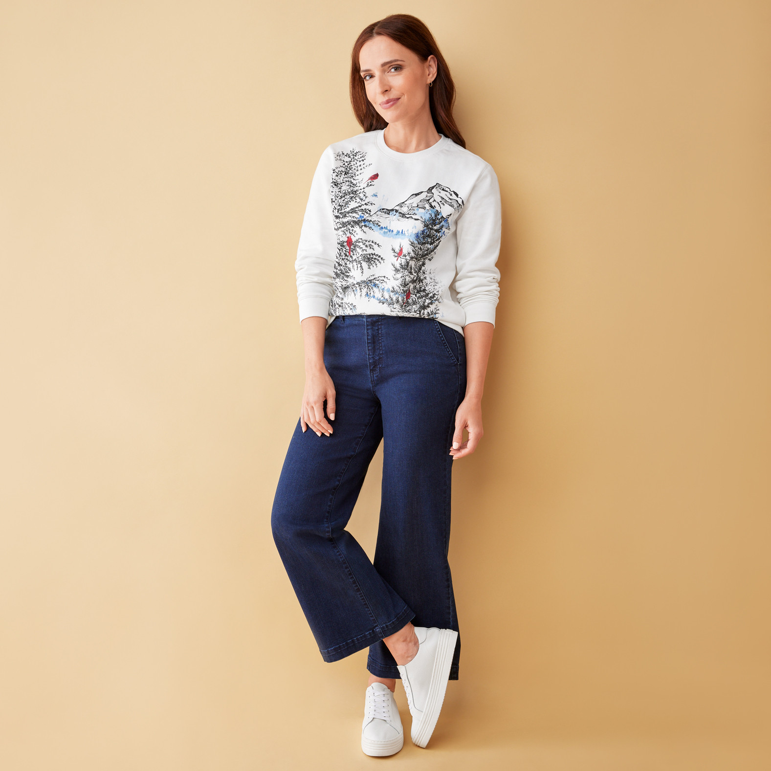 Petite - Scenic Cardinal Crewneck Sweater Full Body